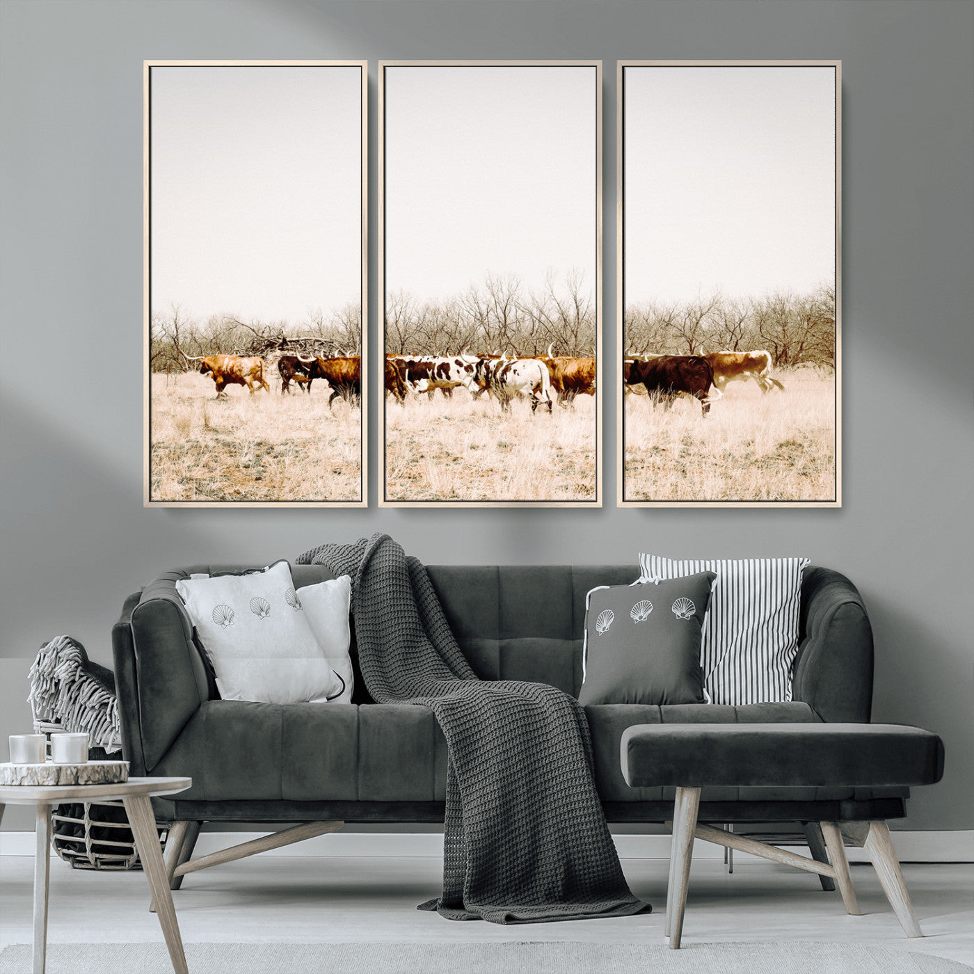 12454132-MGV-FC-48X32-3P_Natural-Cow Herd Photography Wall Art Canvas Print, Framed Rustic Farmhouse Decor Art Picture Print, Western Ranch Style Perfect Rustic