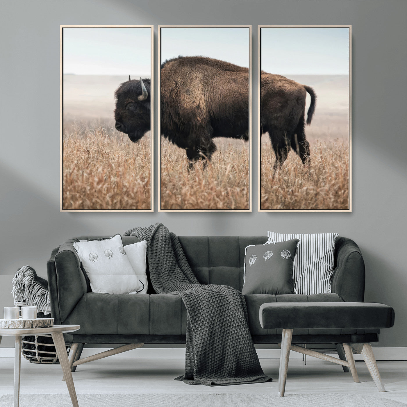 34451925-MGV-CV-36X24-Rustic Bison Decor Wall Art Canvas Print, Framed Buffalo Home Accent Art Picture Print, Prairie Wildlife Scene Perfect Western