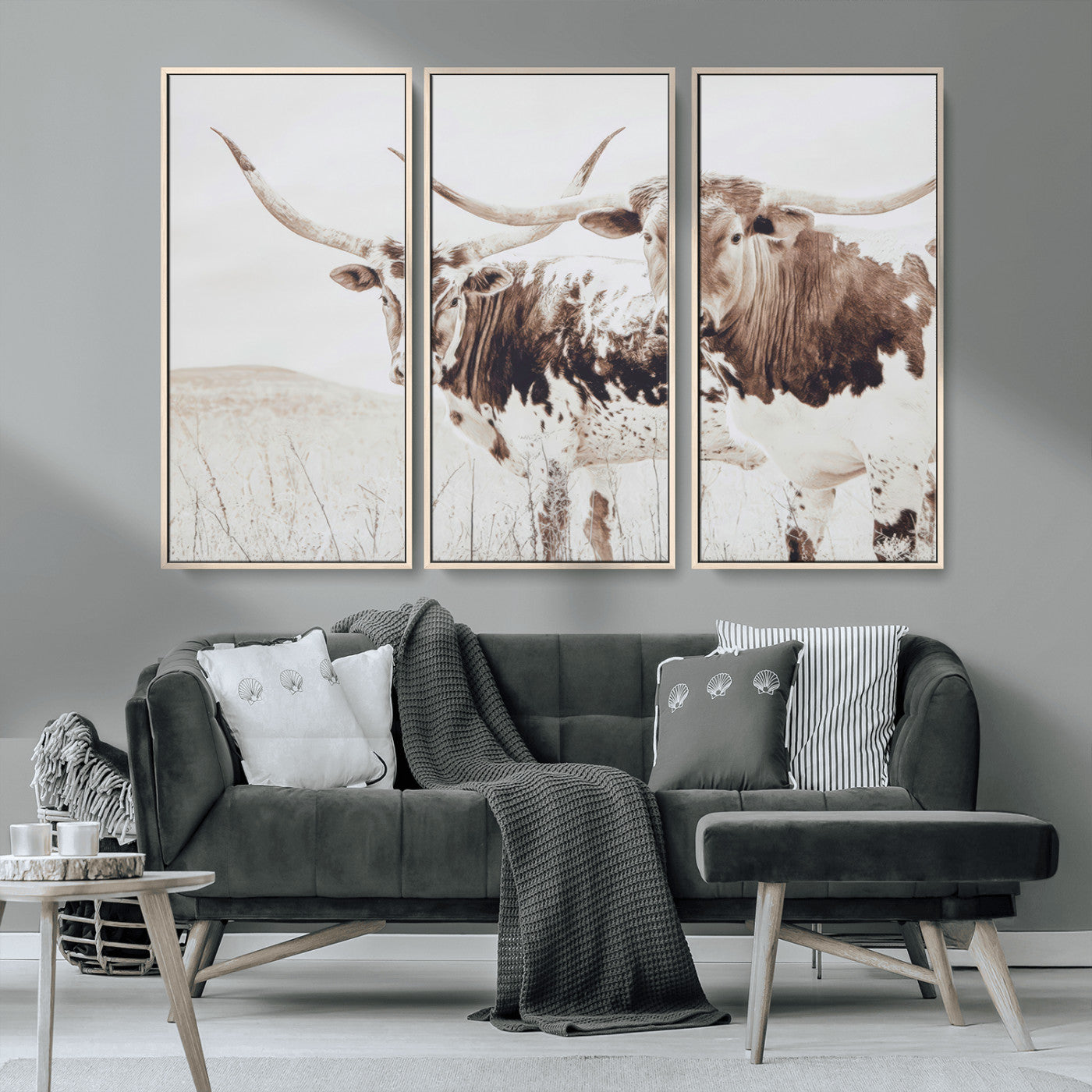 48161868-MGV-CV-36X24-Longhorn Cow Decor Wall Art Canvas Print, Framed Rustic Cattle Art Picture Print, Sepia Western Vibe Perfect Neutral Rustic