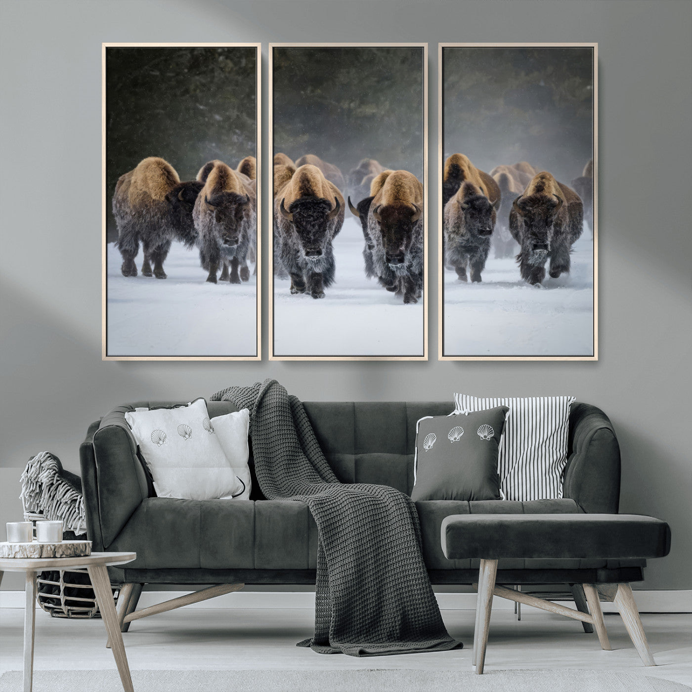 41669135-MGV-CV-36X24-Bison Herd Scene Wall Art Canvas Print, Framed Rustic Wildlife Decor Art Picture Print, Snowy Bison Landscape Perfect Rustic