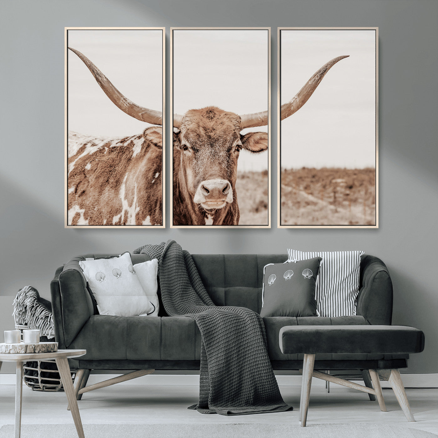 77810049-MGV-CV-36X24-Longhorn Bull Photo Wall Art Canvas Print, Framed Rustic Cow Decor Art Picture Print, Neutral Farmhouse Style Perfect Rustic