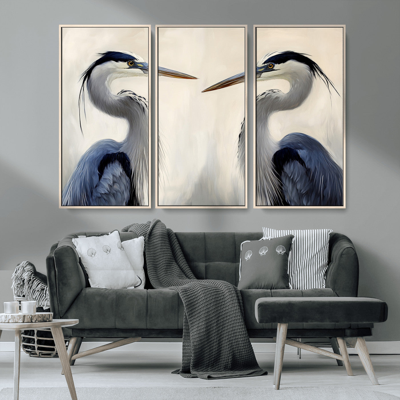 18230556-MGV-CV-36X24-Blue Heron Pair Wall Art Canvas Print, Framed Coastal Bird Theme Art Picture Print, Tranquil Wildlife Scene Perfect Coastal