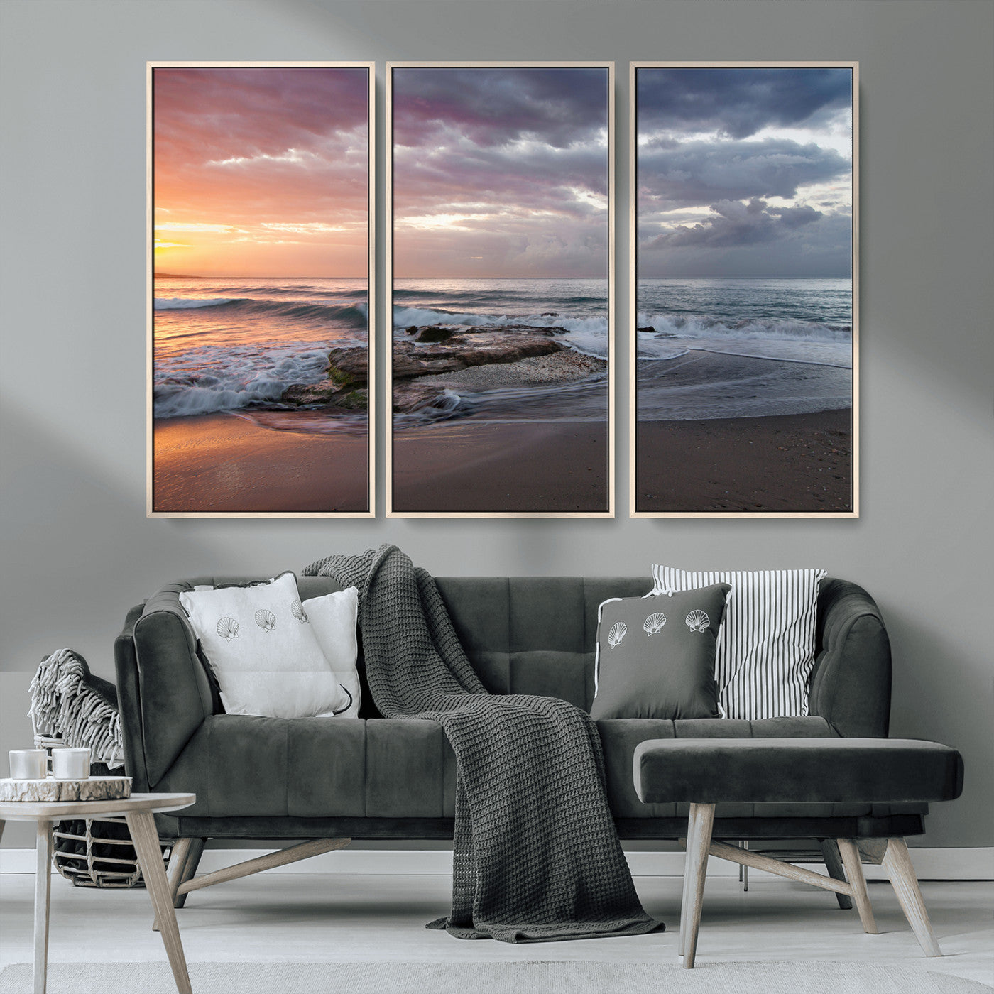 94208089-MGV-CV-36X24-Golden Hour Wall Art Canvas Print, Framed Tranquil Waves Art Picture Print, Beach Horizon Perfect Coastal Serenity Decor Artwork
