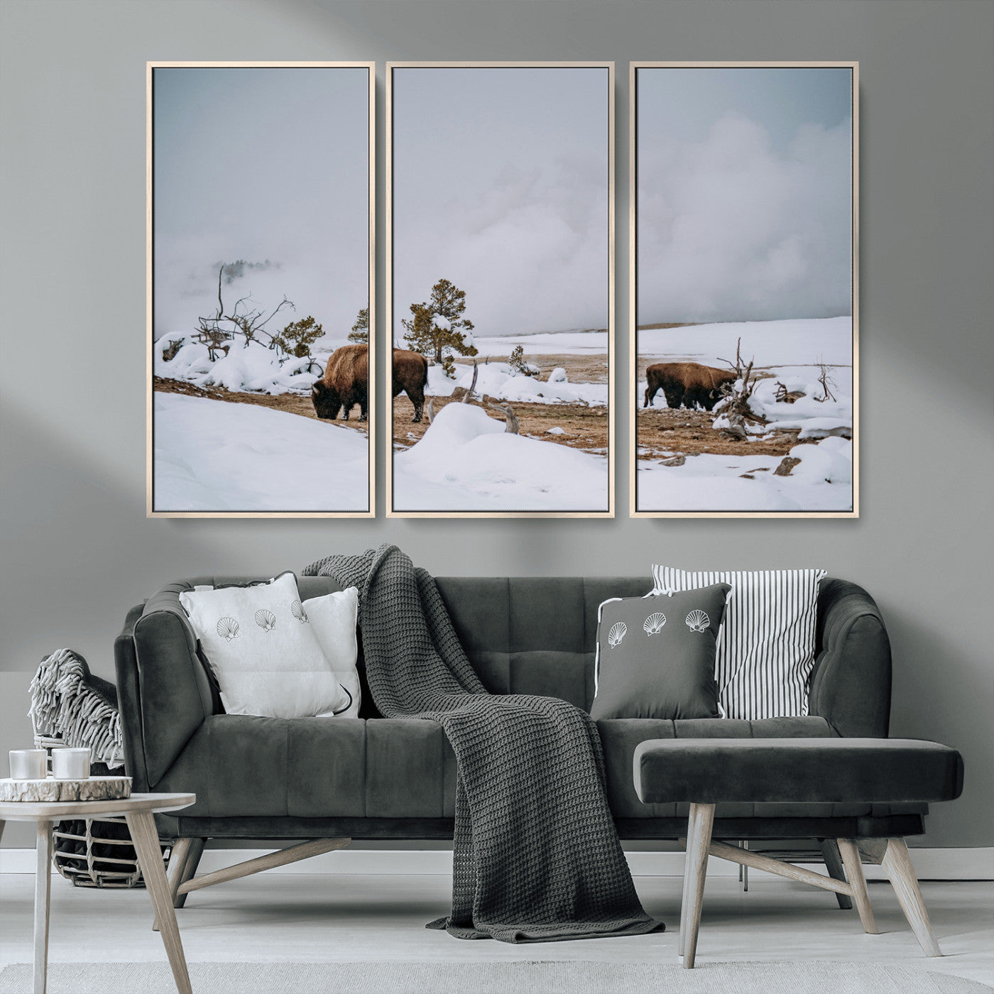 60308289-MGV-CV-36X24-Bison Wildlife Wall Art Canvas Print, Framed Snowy Prairie Art Picture Print, Western Landscape Perfect Rustic Winter Decor