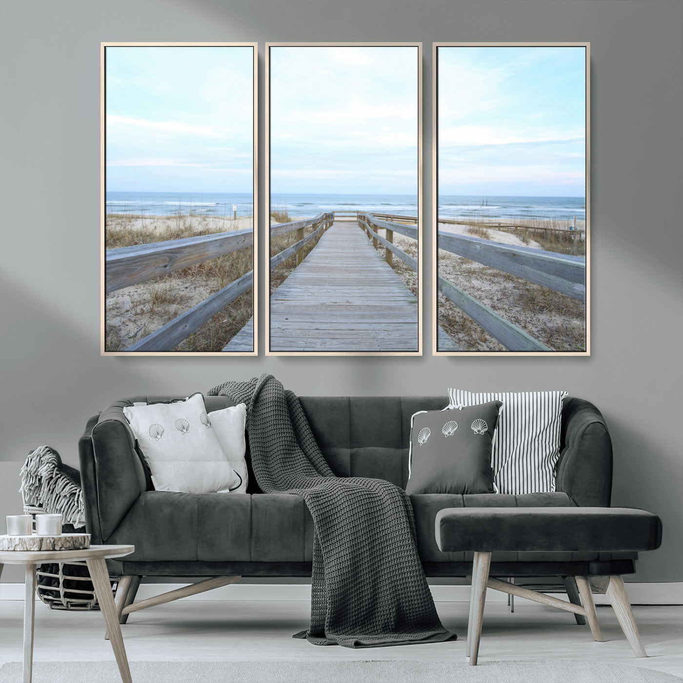 31602988-MGV-CV-36X24-Beach Boardwalk Wall Art Canvas Print, Framed Coastal Serenity Art Picture Print, Ocean View Perfect Coastal Minimalist Decor