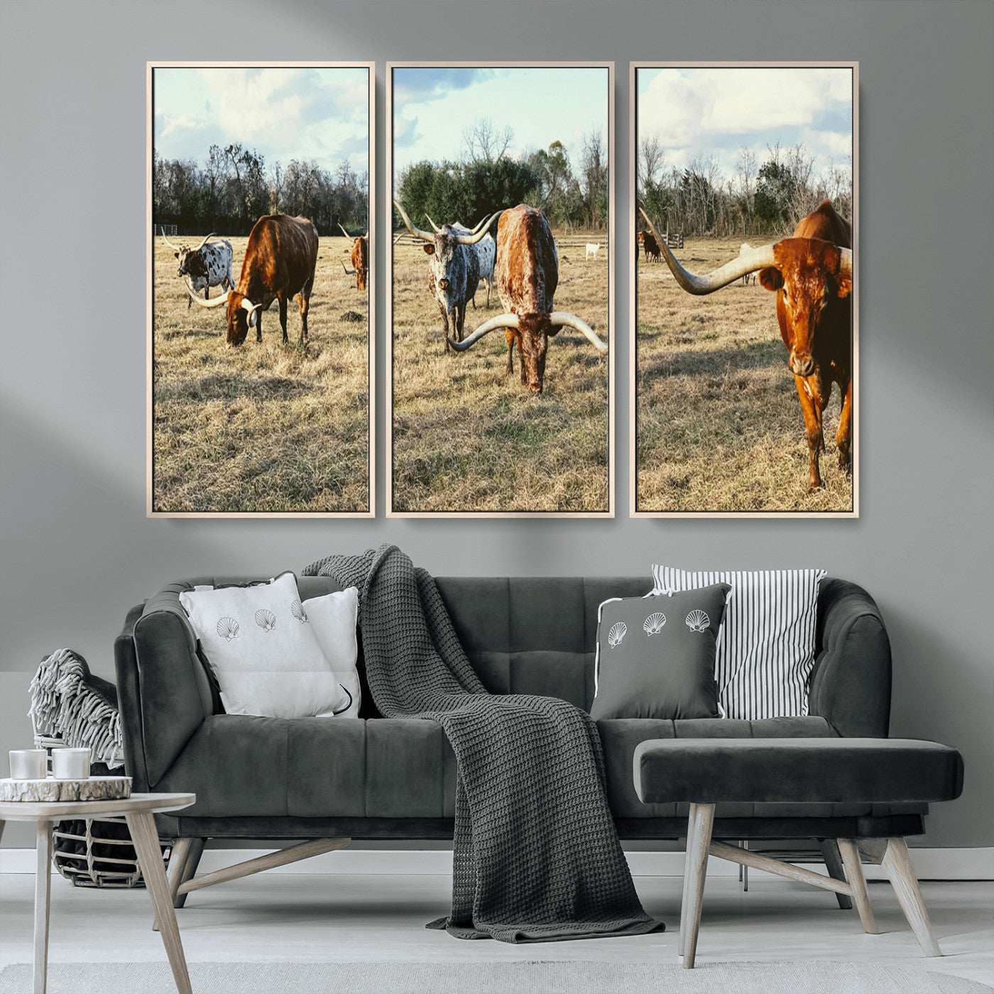 39144651-MGV-CV-36X24-Texas Longhorns Wall Art Canvas Print, Framed Rustic Farm Scene Art Picture Print, Western Cattle Perfect Rustic Farmhouse Decor