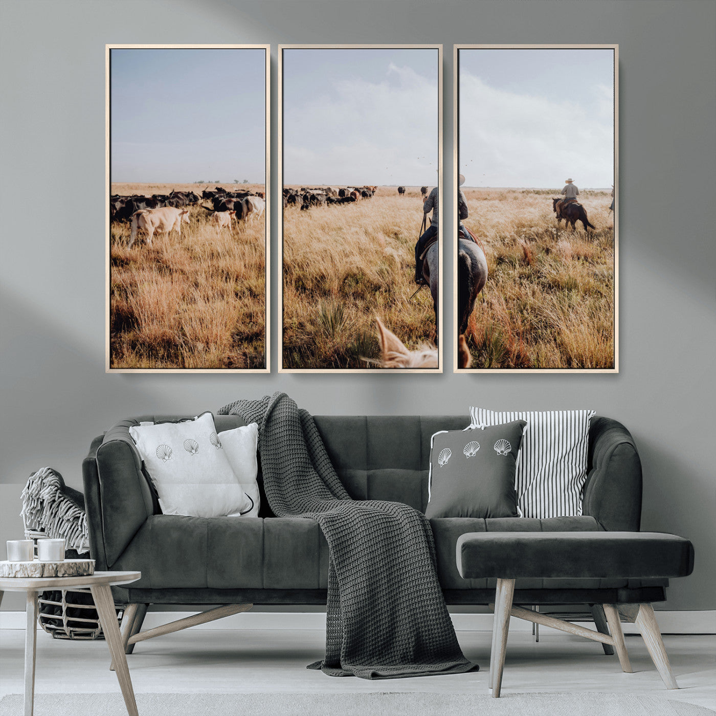 22431577-MGV-FC-48X32-3P_Natural-Western Wall Art Wall Art Canvas Print, Framed Cowboy Canvas Art Picture Print, Cattle Drive Scene Perfect Rustic Western Decor
