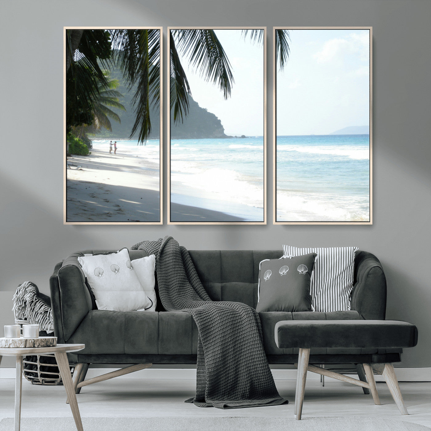 18311030-MGV-CV-36X24-Tropical Beach Wall Art Canvas Print, Framed Serene Ocean Art Picture Print, Palm Tree Shadows Perfect Tropical Coastal Decor