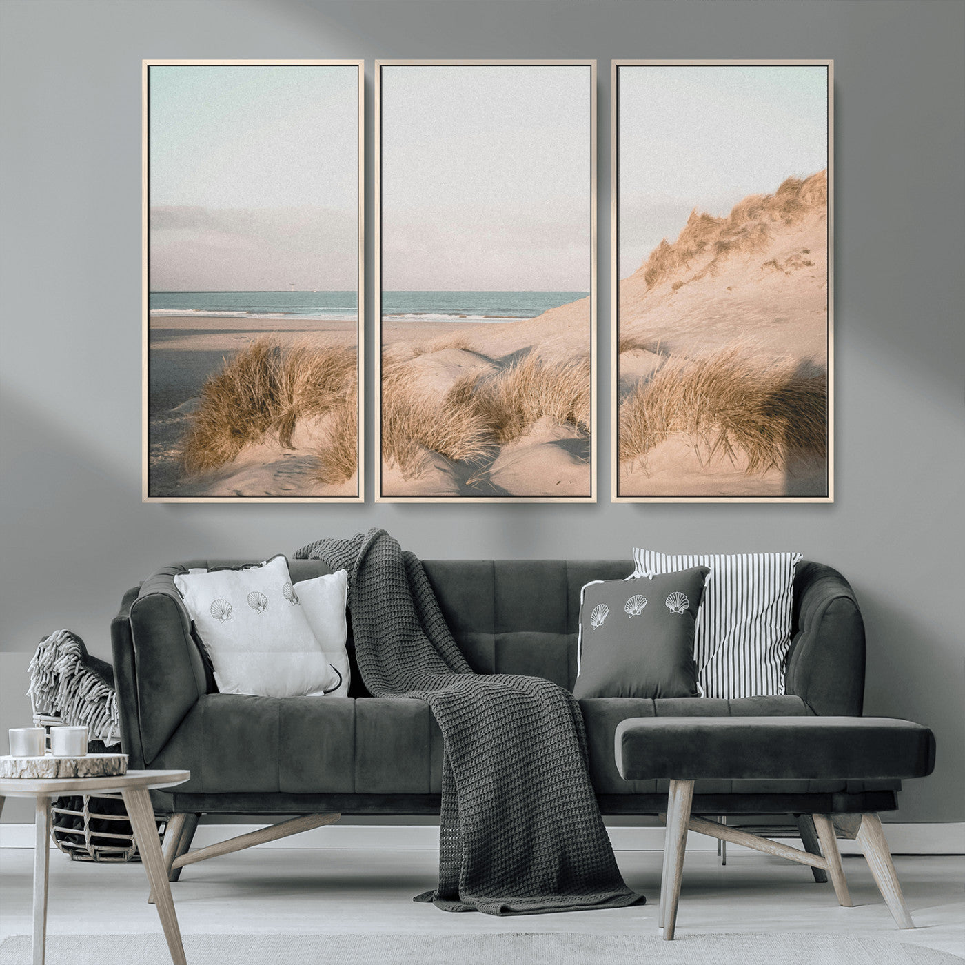 28064037-MGV-FC-48X32-3P_Natural-Minimalist Seascape Wall Art Canvas Print, Framed Neutral Beach Print Art Picture Print, Sand Dune Photography Perfect
