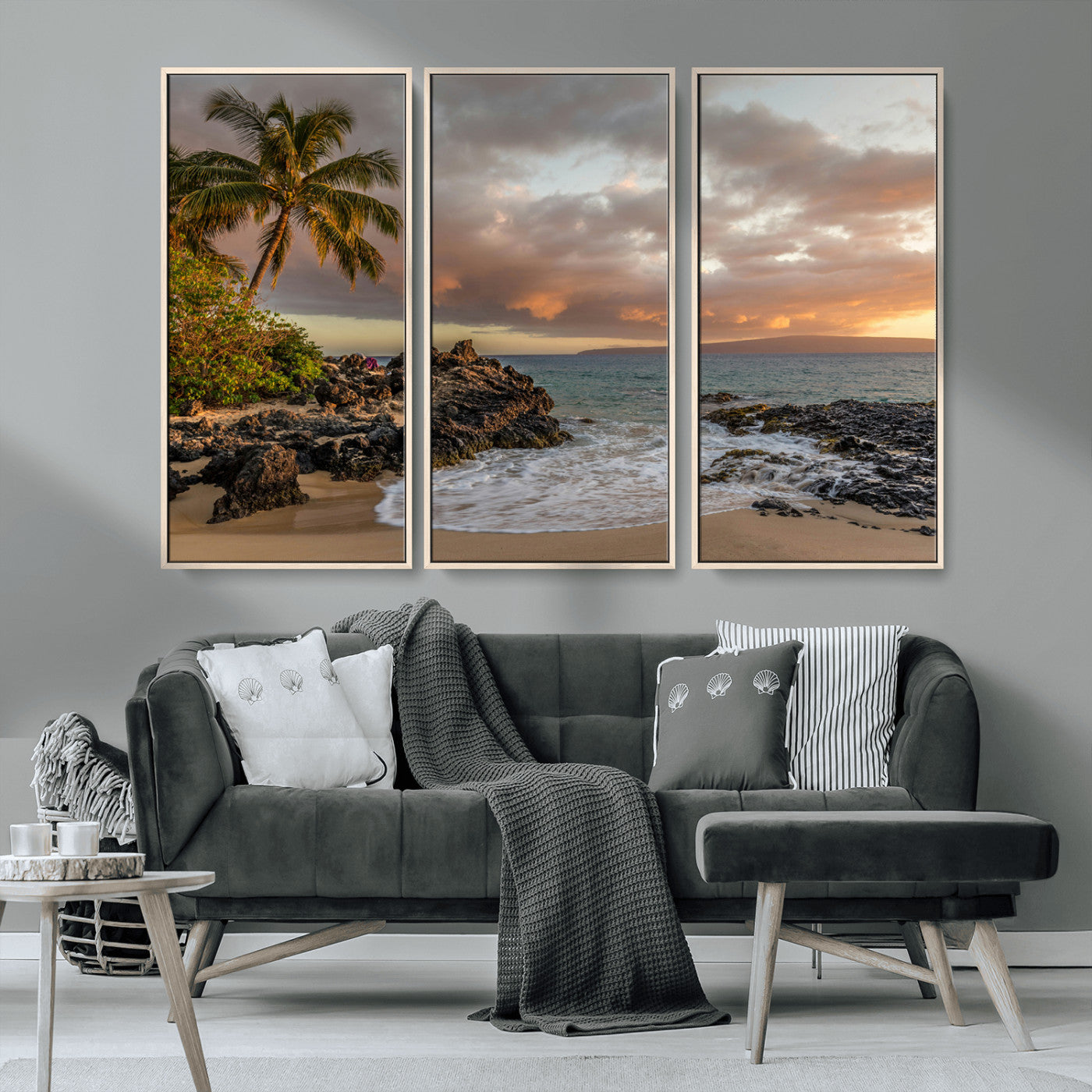 55108220-MGV-CV-36X24-Tropical Beach Wall Art Canvas Print, Framed Hawaiian Sunset Art Picture Print, Ocean Waves Perfect Coastal Tropical Decor Artwork