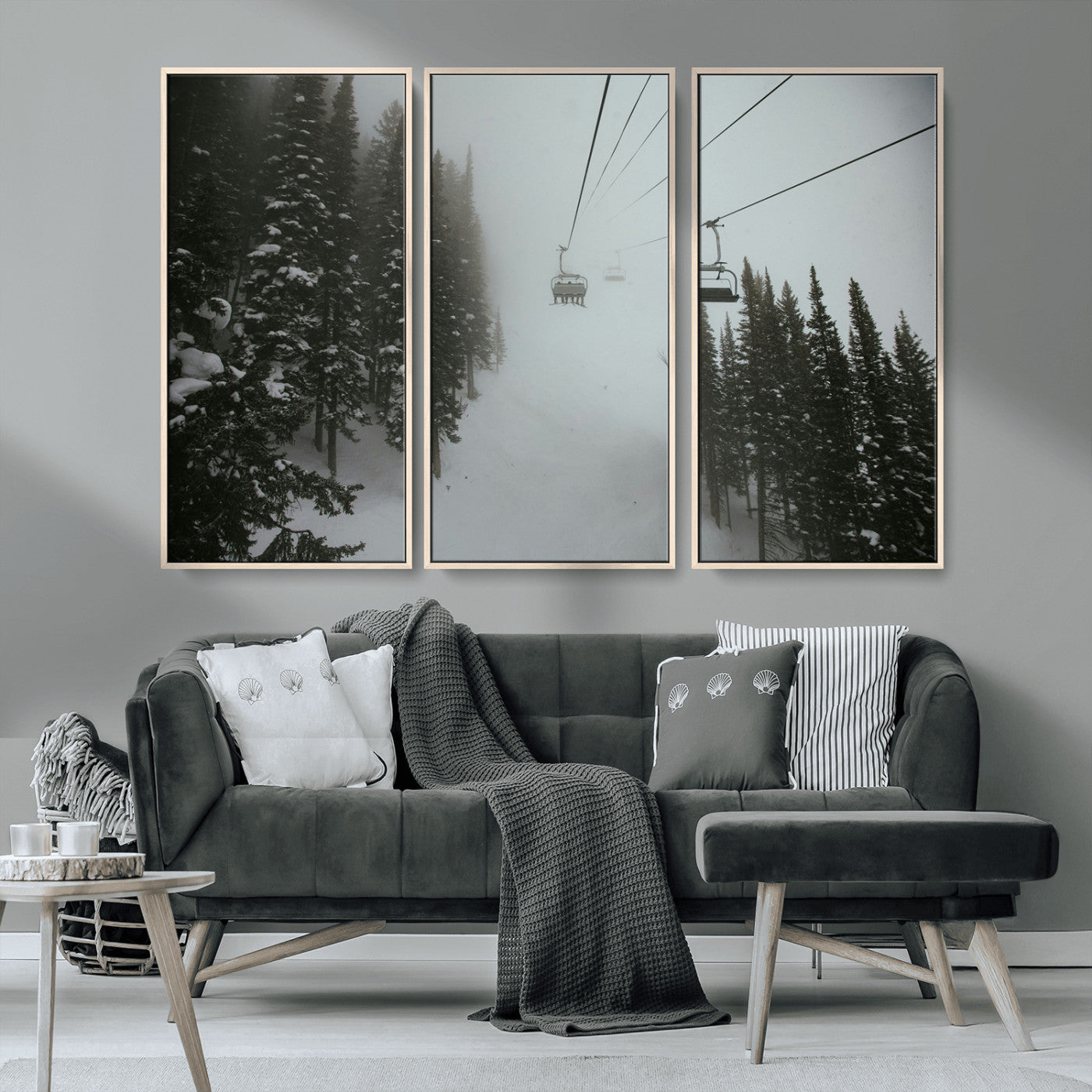 87018452-MGV-CV-36X24-Ski Lift Wall Art Canvas Print, Framed Snowy Pines Art Picture Print, Misty Landscape Perfect Winter Serenity Decor Artwork