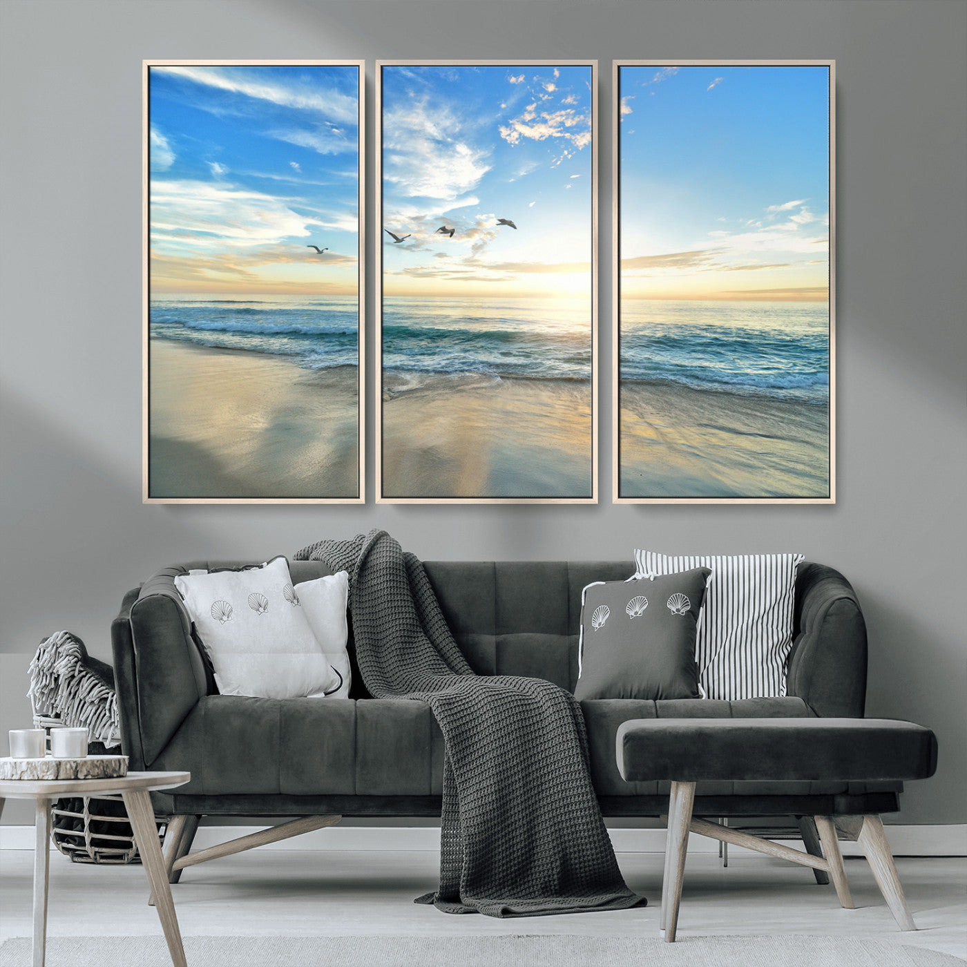 20708696-MGV-CV-36X24-Minimalist Seaside Wall Art Canvas Print, Framed Morning Glow Art Picture Print, Golden Reflections Perfect Coastal Minimalist