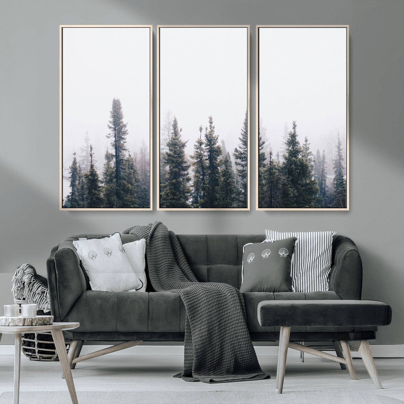 42364796-MGV-FC-48X32-3P_Natural-Foggy Forest Wall Art Canvas Print, Framed Misty Pines Art Picture Print, Moody Woodland Perfect Scandinavian Minimalist Decor