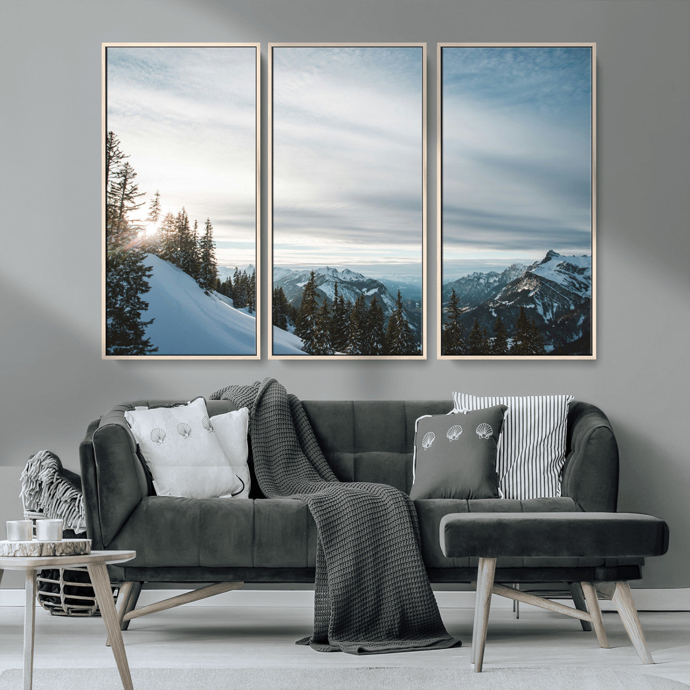 55564749-MGV-CV-36X24-Snowy Mountains Wall Art Canvas Print, Framed Alpine Landscape Art Picture Print, Frosty Peaks Perfect Nordic Minimalist Decor