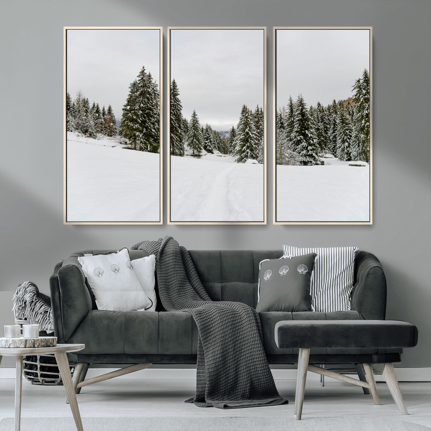 24581417-MGV-CV-36X24-Frosty Pines Wall Art Canvas Print, Framed Silent Snowfall Art Picture Print, Cozy Cabin Vibes Perfect Nordic Minimalist Decor