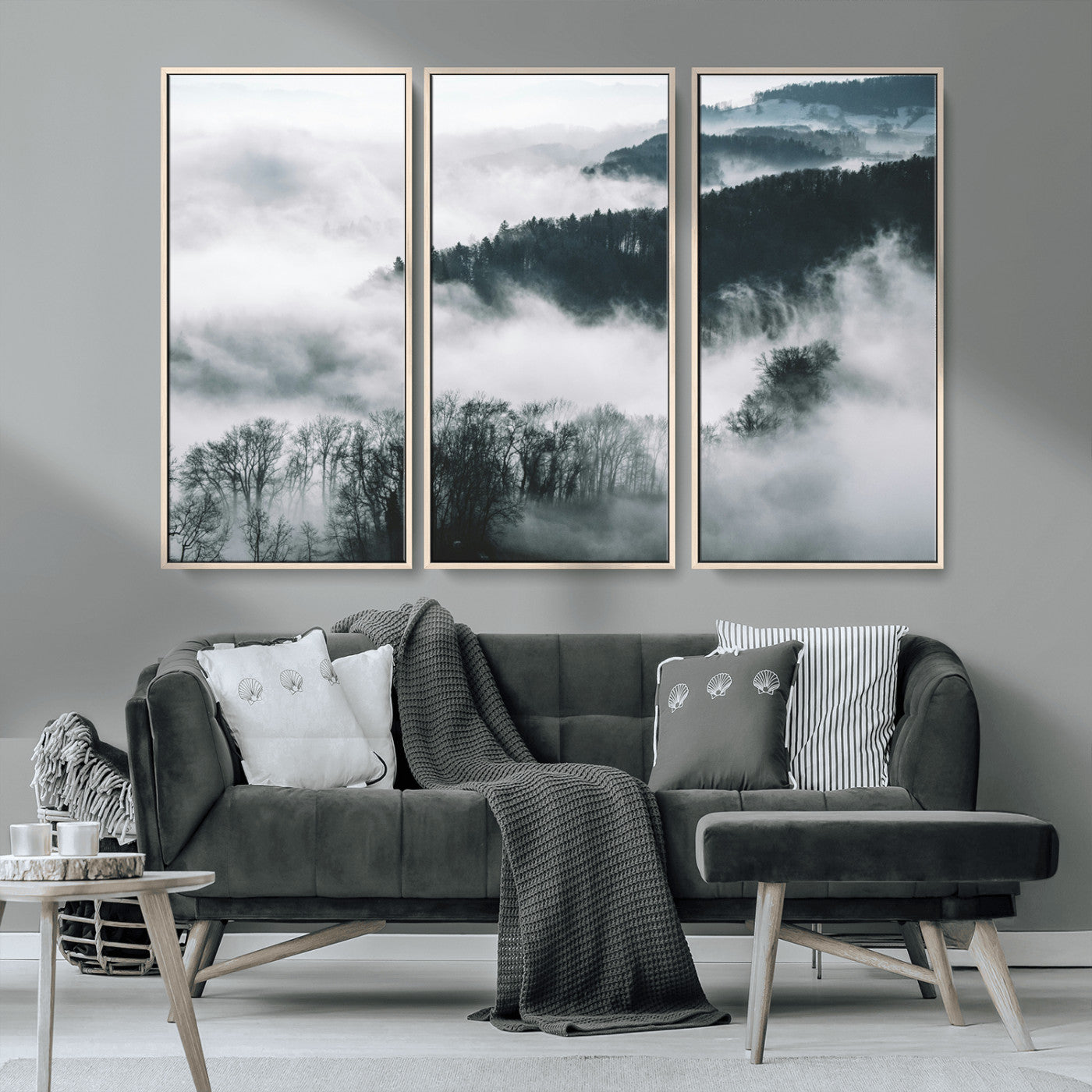 67569654-MGV-CV-36X24-Foggy Forest Wall Art – Mist Covered Hills and Trees Landscape Canvas Print, Moody Nature Photography Decor for Living Room,