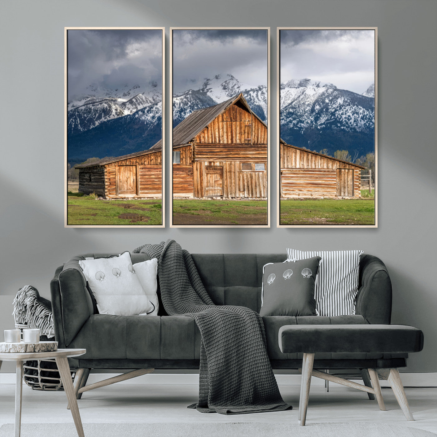 15173627-MGV-CV-36X24-Barn Wall Art – Rustic Wooden Cabin Canvas Print with Snowy Mountain Landscape, Western Farmhouse Country Decor for Living Room,