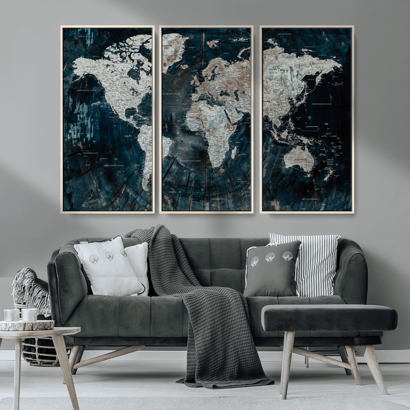 34425609-MGV-CV-36X24-World Map Wall Art – Rustic Navy and Grey Atlas Canvas Print, Distressed Explorer Map Artwork, Industrial Style Decor for Office,