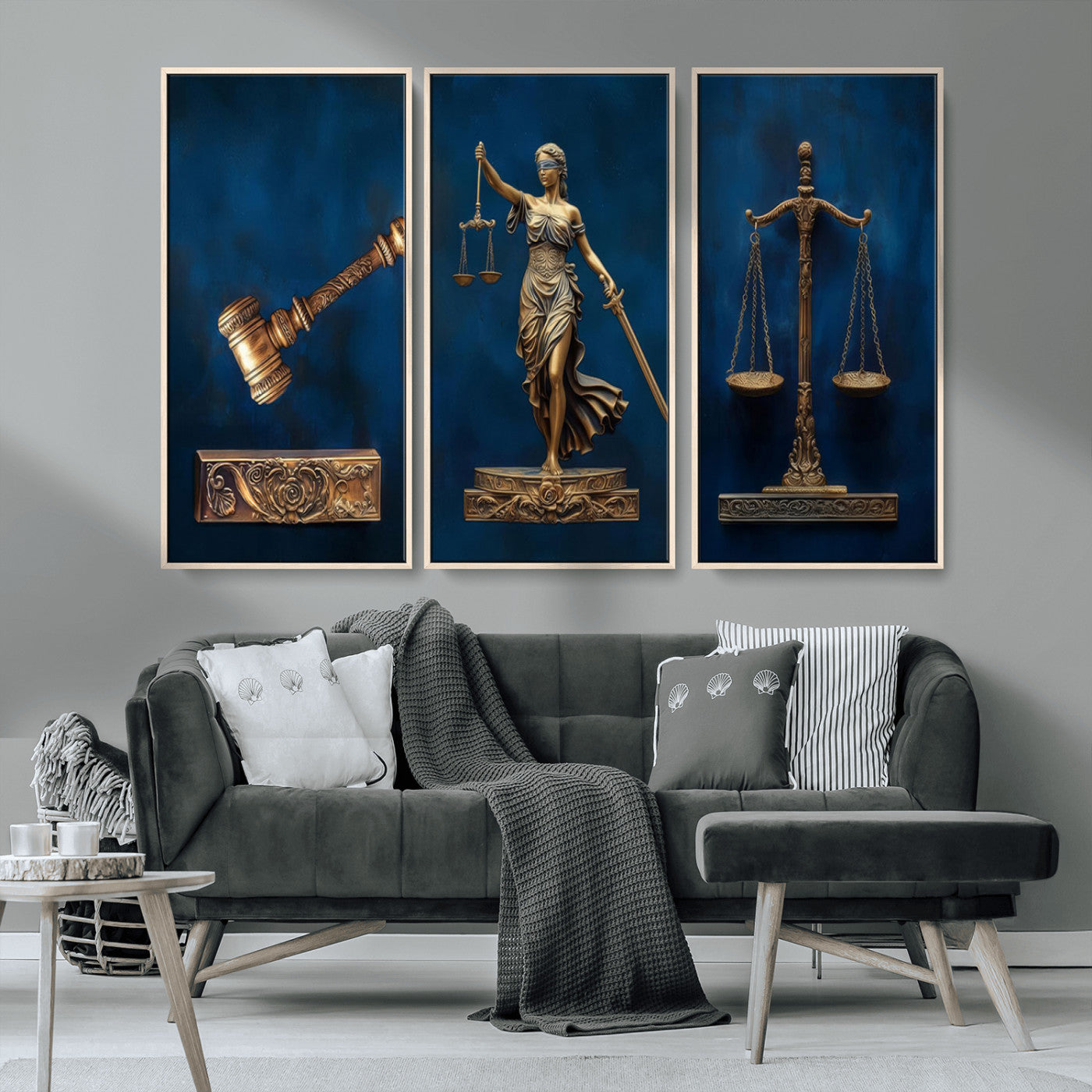 91629053-MGV-FC-48X32-3P_Natural-Lady Justice Wall Art – Golden Gavel and Scales Canvas Print, Elegant Legal Office Decor for Lawyers, Judges, Courtroom or Study