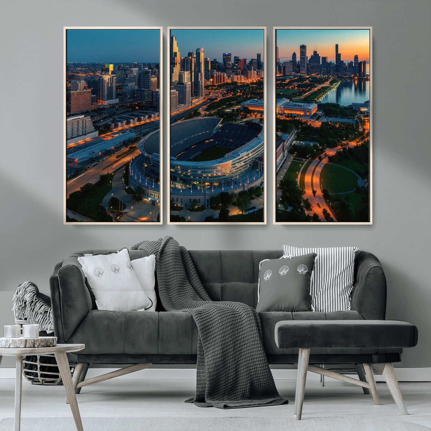 36690345-MGV-CV-36X24-Soldier Field Wall Art – Chicago Bears Stadium Aerial Night Canvas Print, City Skyline Football Decor for Living Room, Office, or