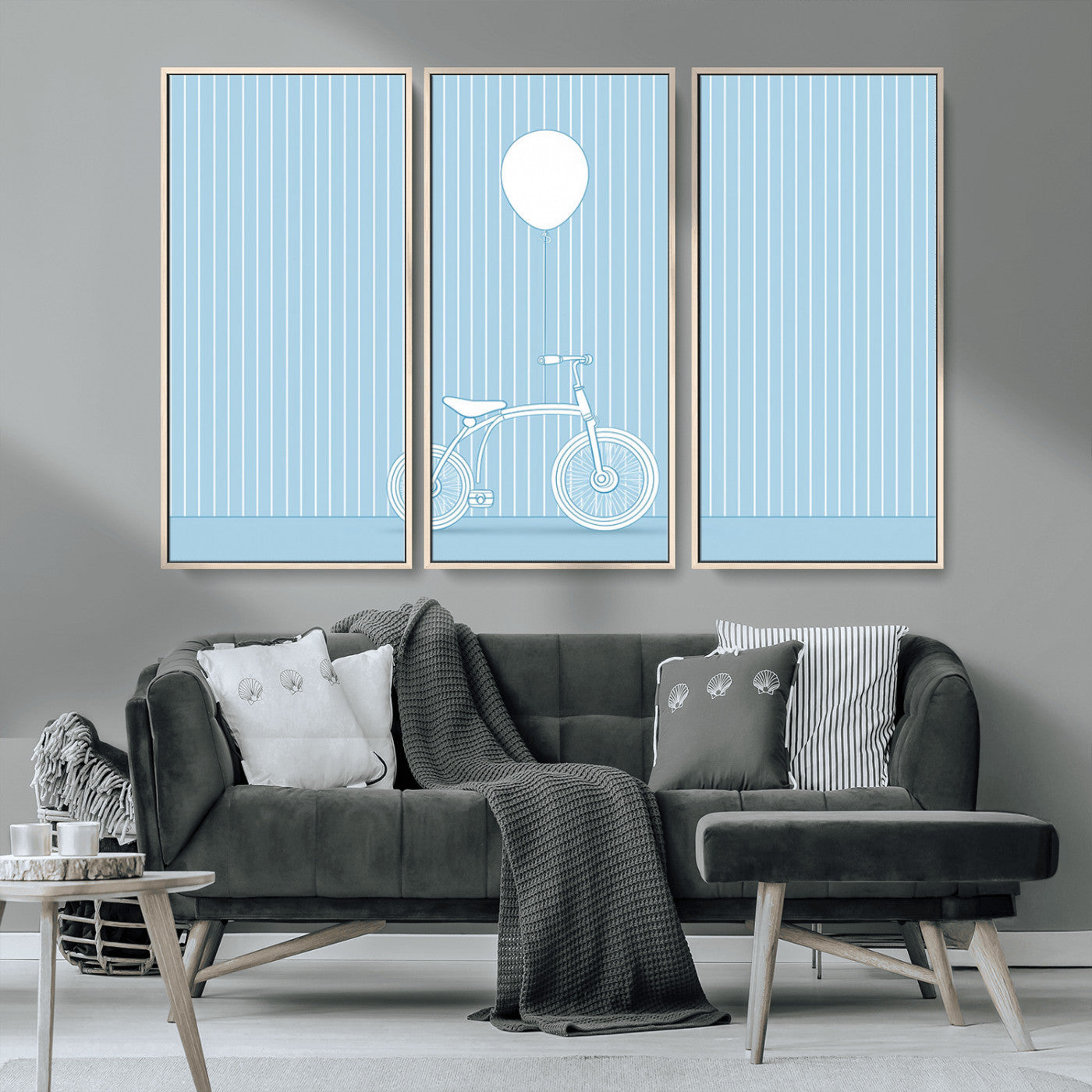 56479838-MGV-CV-36X24-Bicycle Wall Art – Minimalist Blue Canvas Print with Balloon Illustration, Modern Decor Artwork for Kids Room, Nursery, or Living