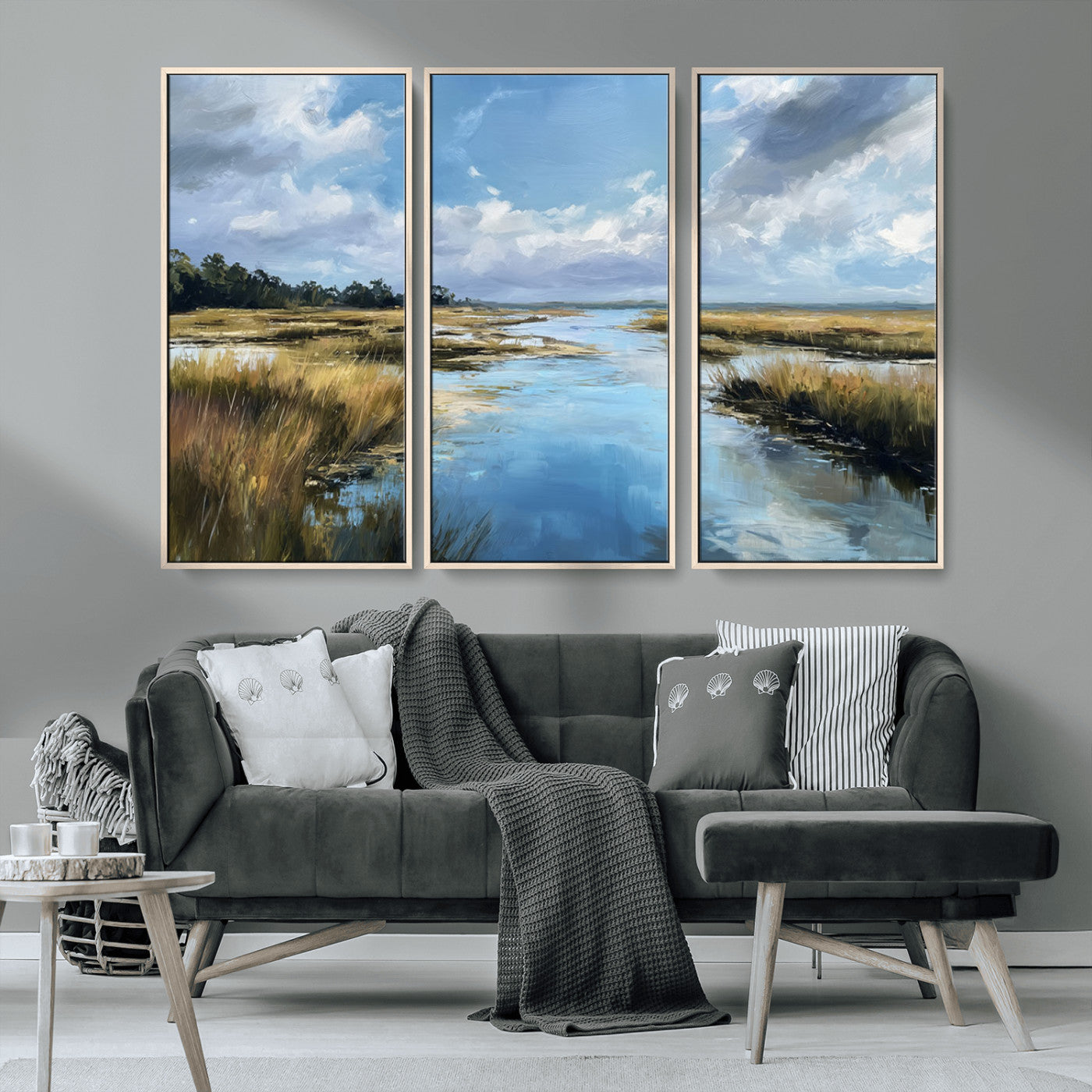 87082041-MGV-CV-36X24-Painted Marshland Canvas Wall Art – Serene Water Reflection, Blue Sky, Golden Grass Landscape, Calm Nature Decor for Home, Office,