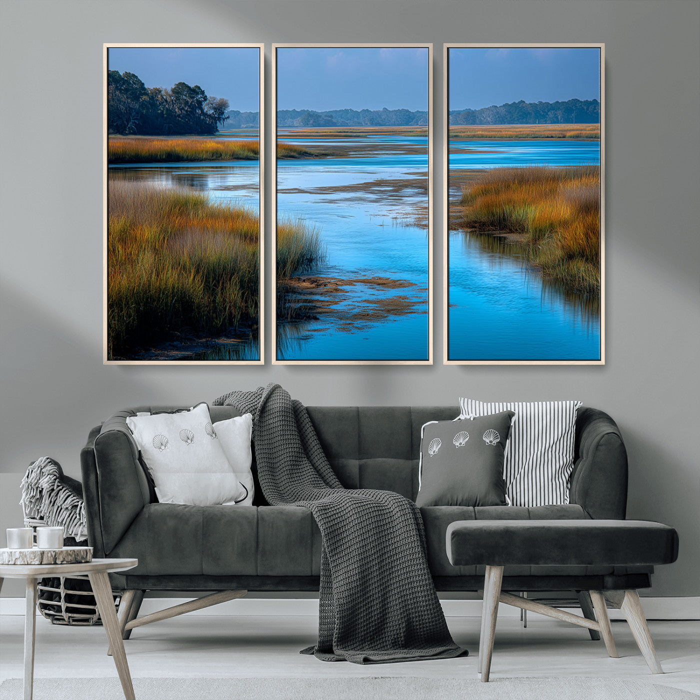 26300004-MGV-CV-36X24-Tranquil Marshland Canvas Wall Art – Blue Water, Reflective Sky, Golden Grasses, Calm Nature Landscape, Scenic Outdoor Beauty for