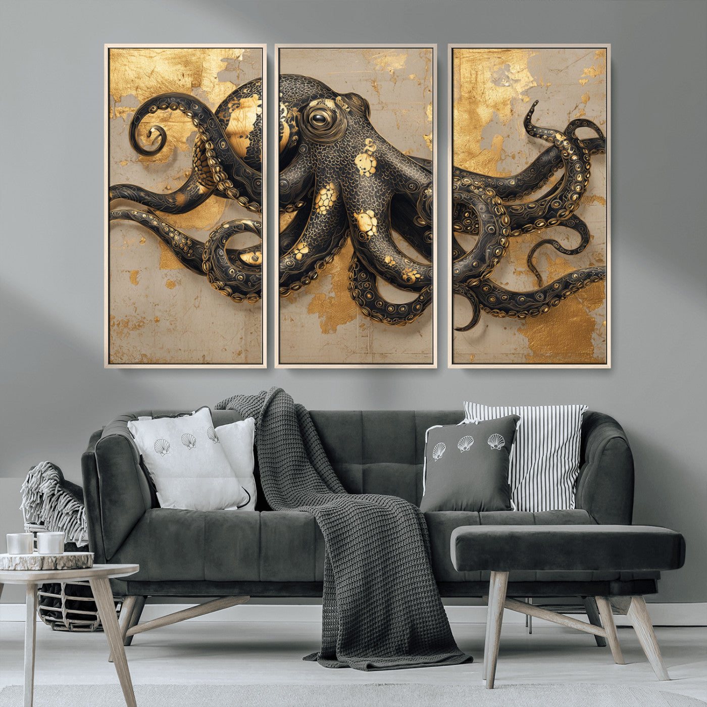 57944271-MGV-CV-36X24-Octopus Wall Art – Black and Gold Nautical Canvas Print, Modern Ocean Inspired Artwork with Elegant Detailing, Coastal Marine