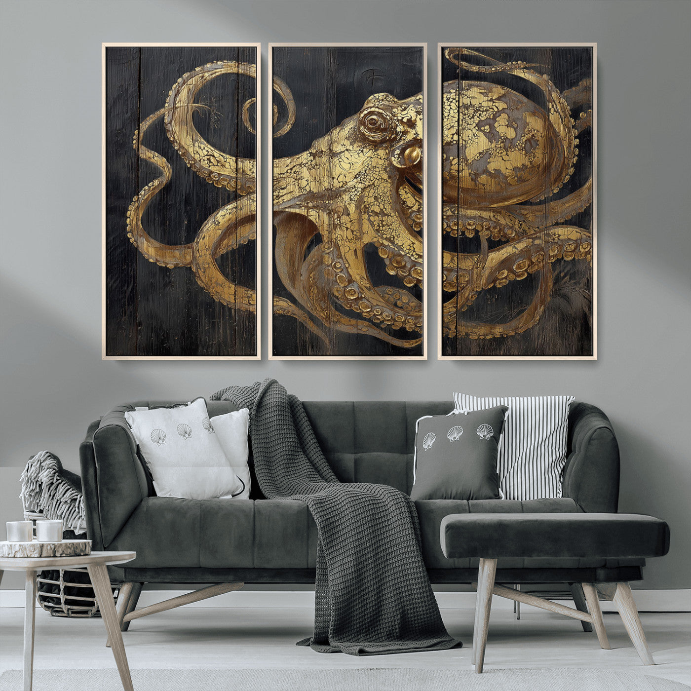 47056538-MGV-CV-36X24-Octopus Wall Art – Gold Nautical Canvas Print with Rustic Wood Texture, Marine Creature Artwork for Coastal Ocean Decoration in