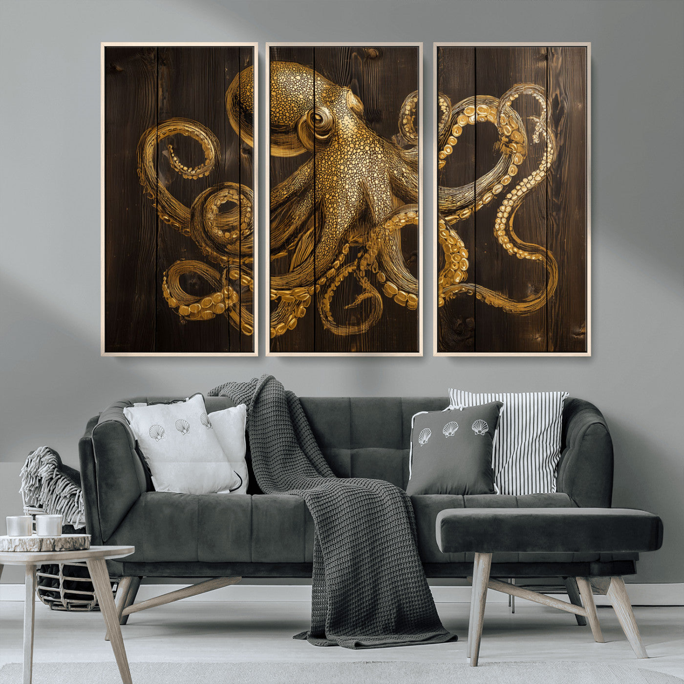 56769669-MGV-CV-36X24-Octopus Wall Art – Gold Nautical Canvas Print with Rustic Wood Panel Design, Detailed Marine Artwork for Coastal Ocean Decoration