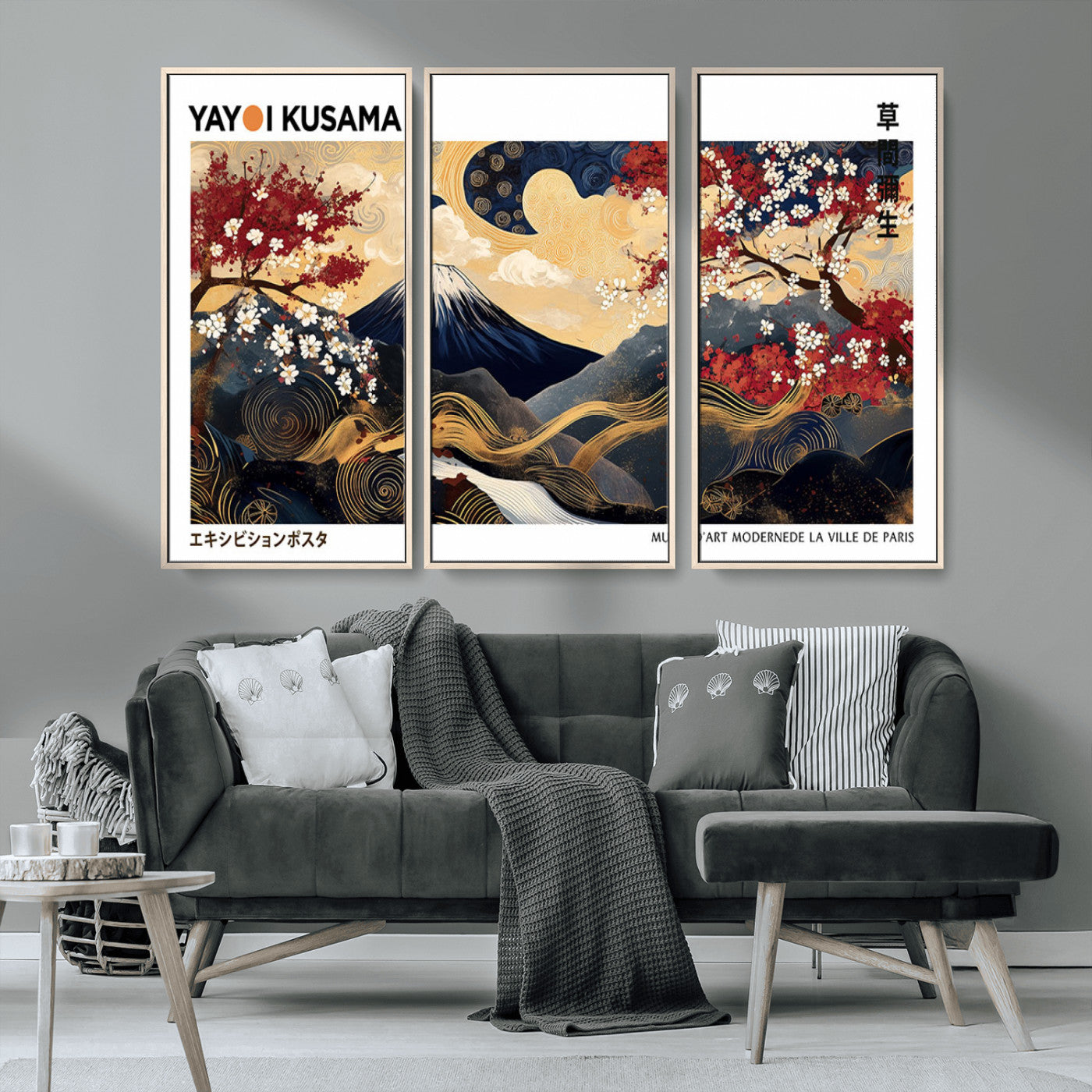 28945903-MGV-CV-36X24-Japanese Wall Art – Mount Fuji Canvas Print with Cherry Blossoms and Golden Wave Motifs, Traditional Asian Inspired Artwork for