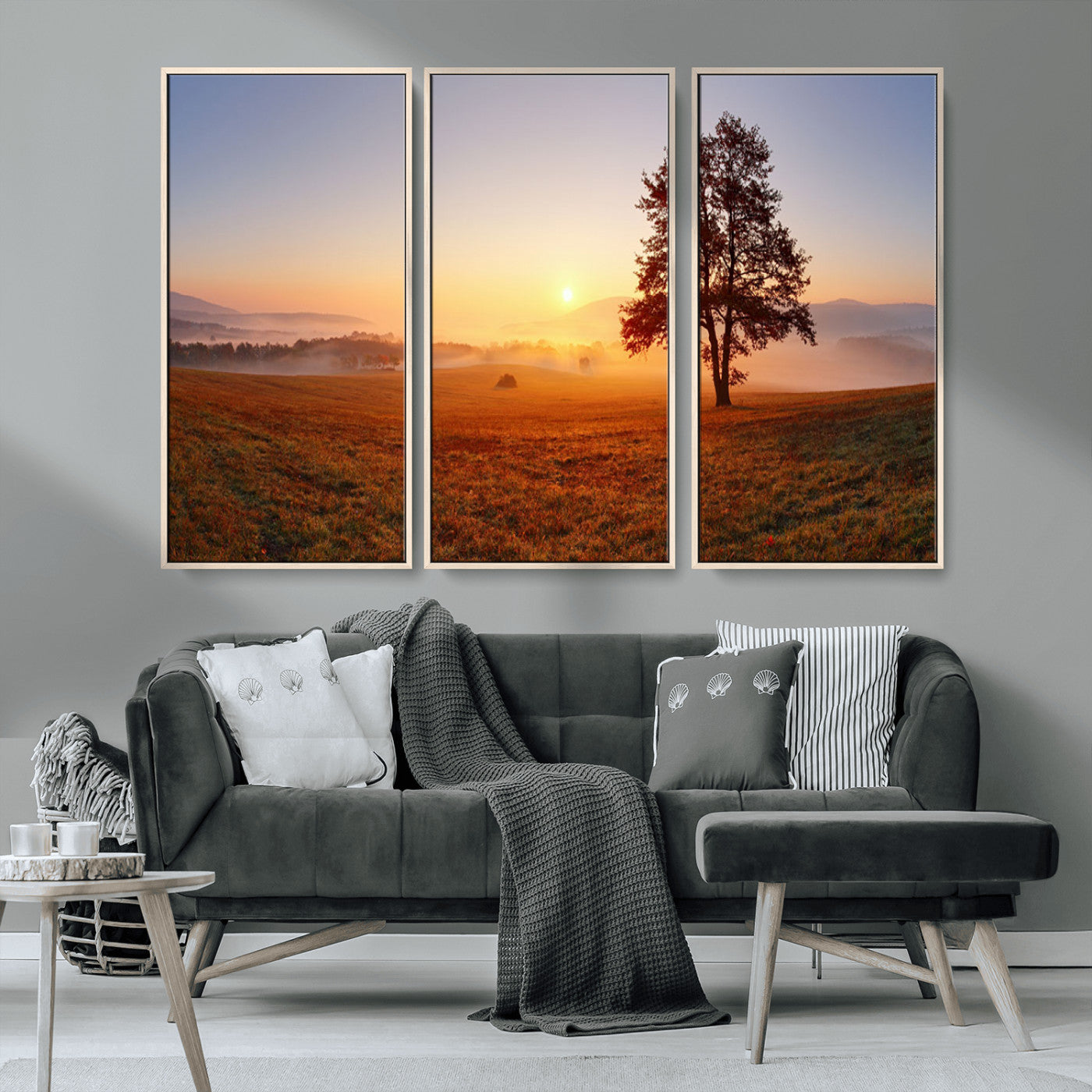 57919623-MGV-CV-36X24-Sunrise Landscape Wall Art – Golden Morning Canvas Print with Tree, Misty Hills and Open Field, Peaceful Nature Photography for