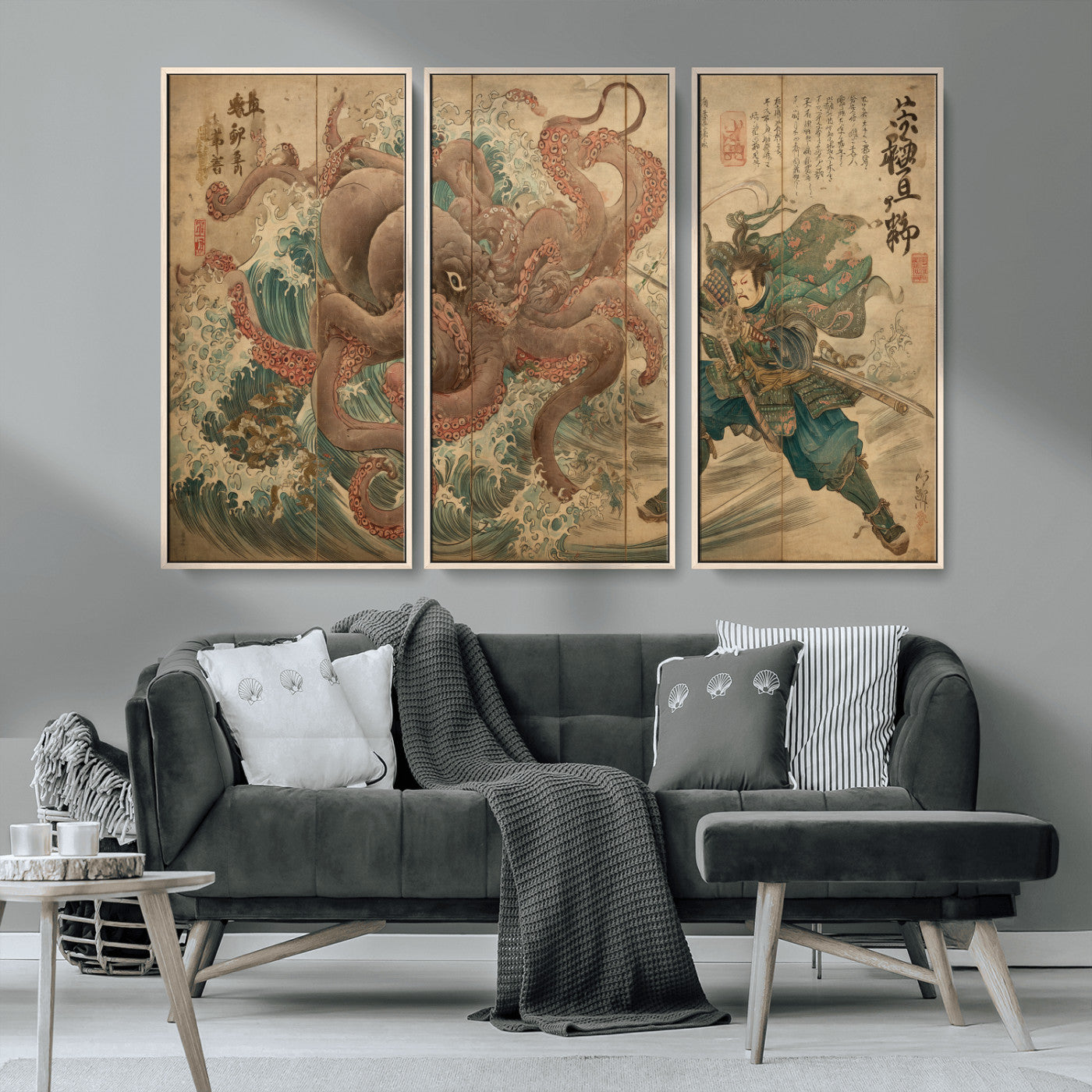 63782167-MGV-CV-36X24-Tsukioka Yoshitoshi Samurai Wall Art Print, Japanese Katana Warrior Canvas Wall Art, Octopus Sea Monster Canvas Print,