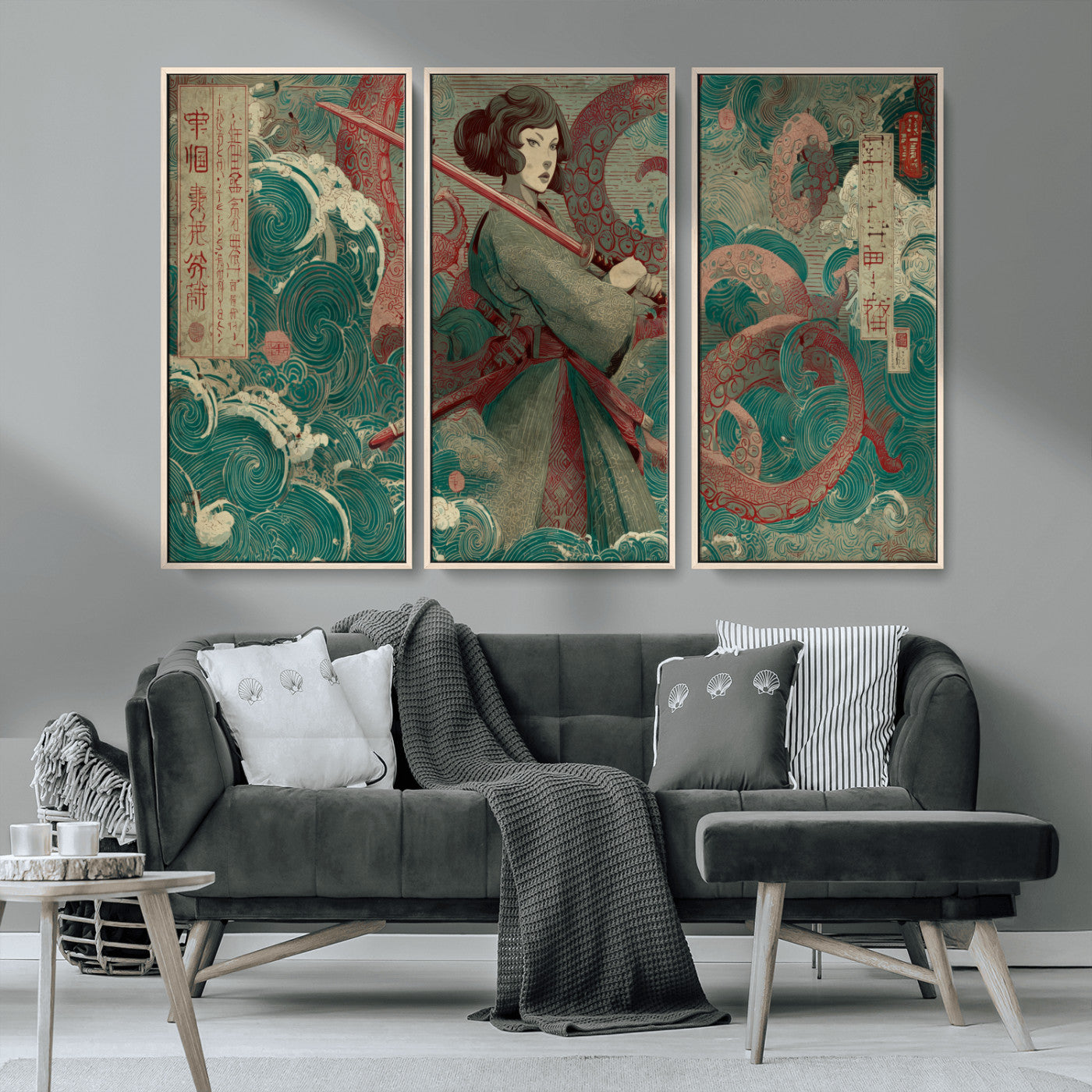 91666601-MGV-CV-36X24-Samurai Woman vs Octopus Wall Art – Japanese Ukiyo-e Green Robe Canvas Print, Ocean Battle Artwork for Living Room, Office, Man
