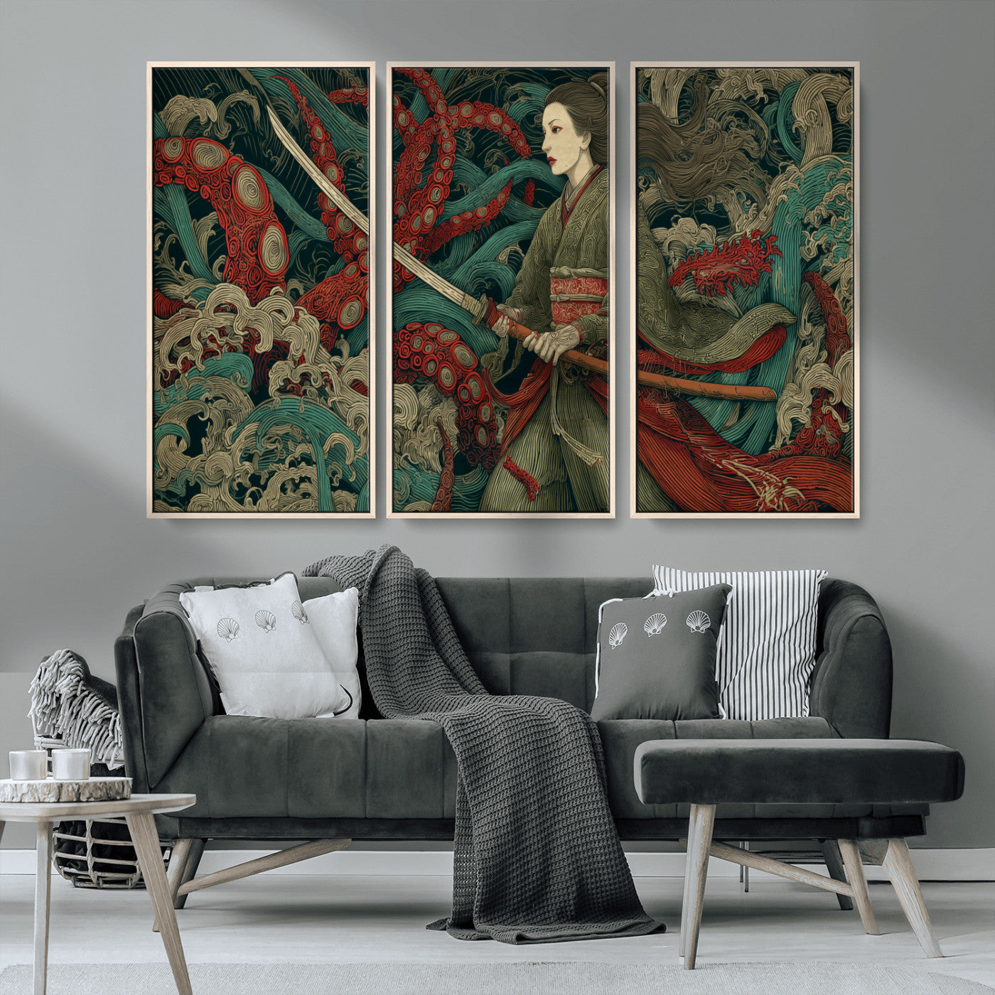18902796-MGV-CV-36X24-Samurai Woman vs Octopus Wall Art – Japanese Ukiyo-e Green Kimono Canvas Print, Ocean Battle Scene Artwork for Living Room,