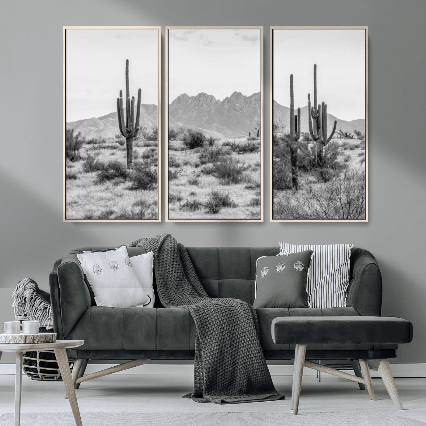 97436PHN-MGV-CV-36X24-Desert Landscape Wall Art – Black and White Cactus and Mountain Canvas Print, Southwestern Nature Photography for Living Room,