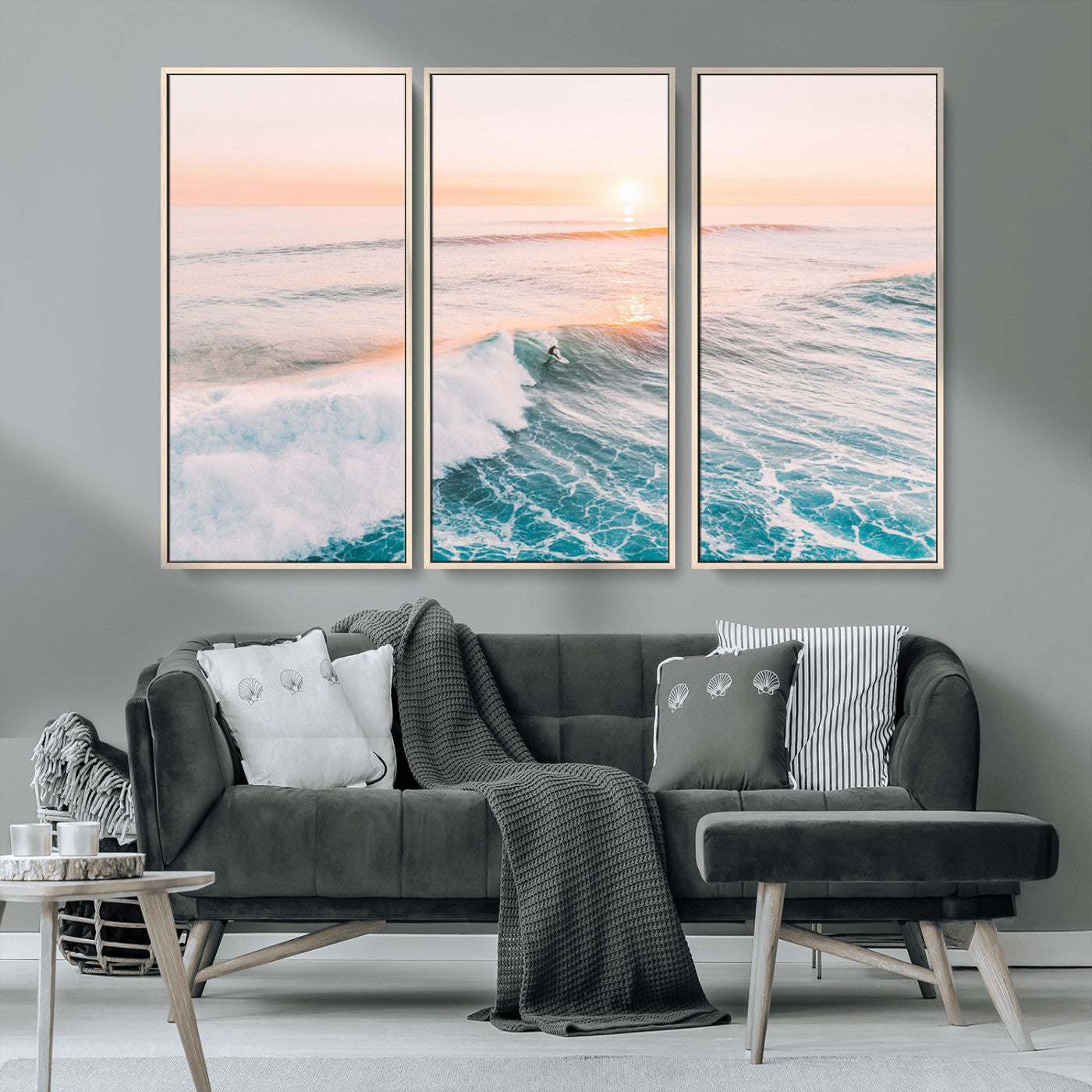 34064591-MGV-CV-36X24-Surfing Wall Art – Sunset Ocean Wave Canvas Print, Surfer Riding Sea Photography Decor for Bedroom, Living Room, Office, Coastal