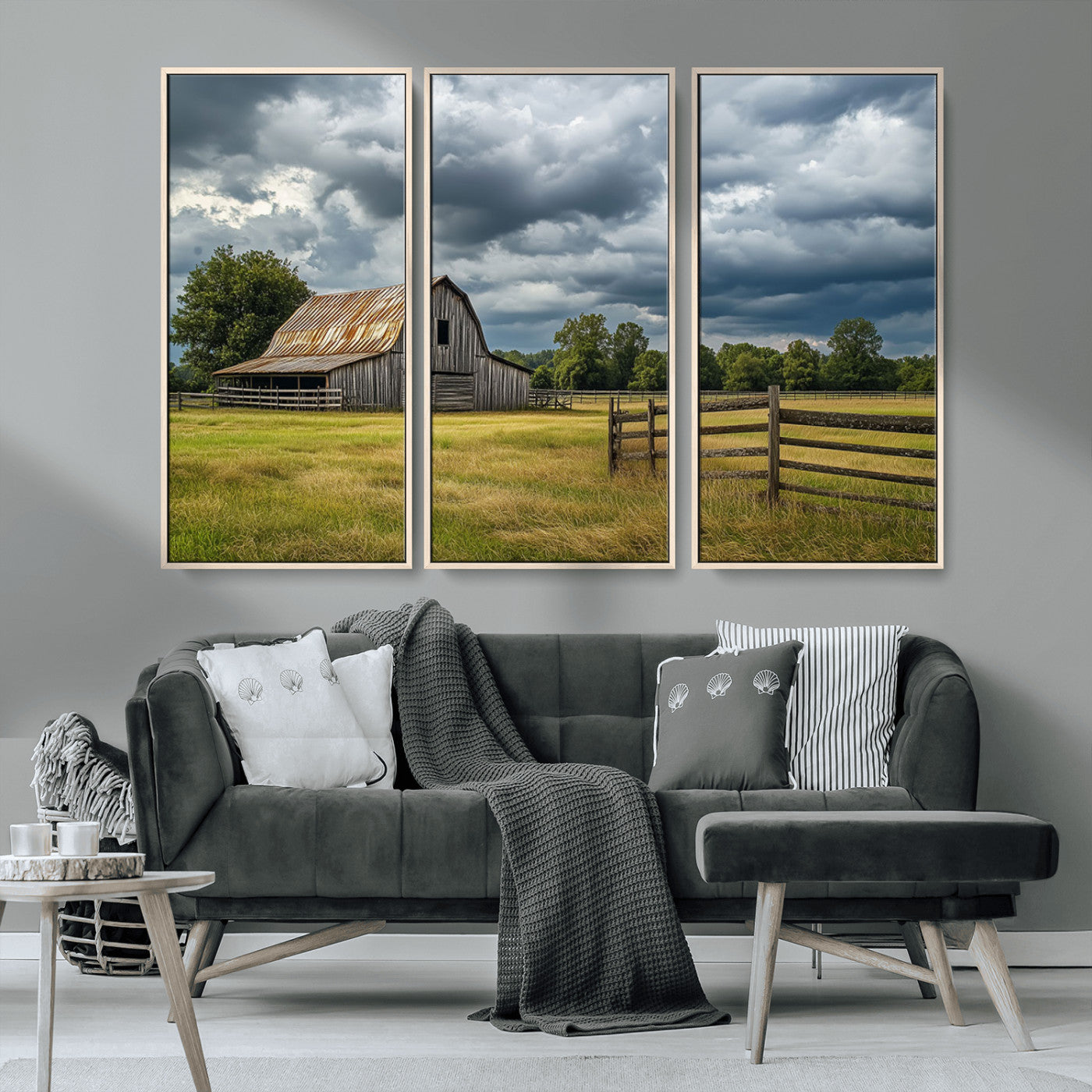 39409517-MGV-CV-36X24-Rustic Barn Wall Art – Weathered Farmhouse and Storm Clouds Canvas Print, Country Landscape Photography Decor for Bedroom, Living