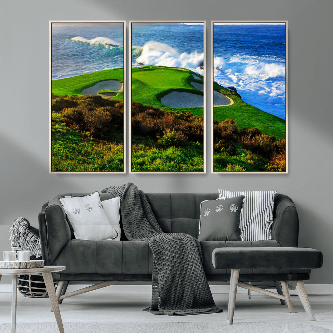 34181847-MGV-FC-48X32-3P_Natural-Coastal Golf Course Wall Art – Panoramic Ocean Fairway Canvas Print, Scenic Sports Photography Decor for Office, Man Cave, Living