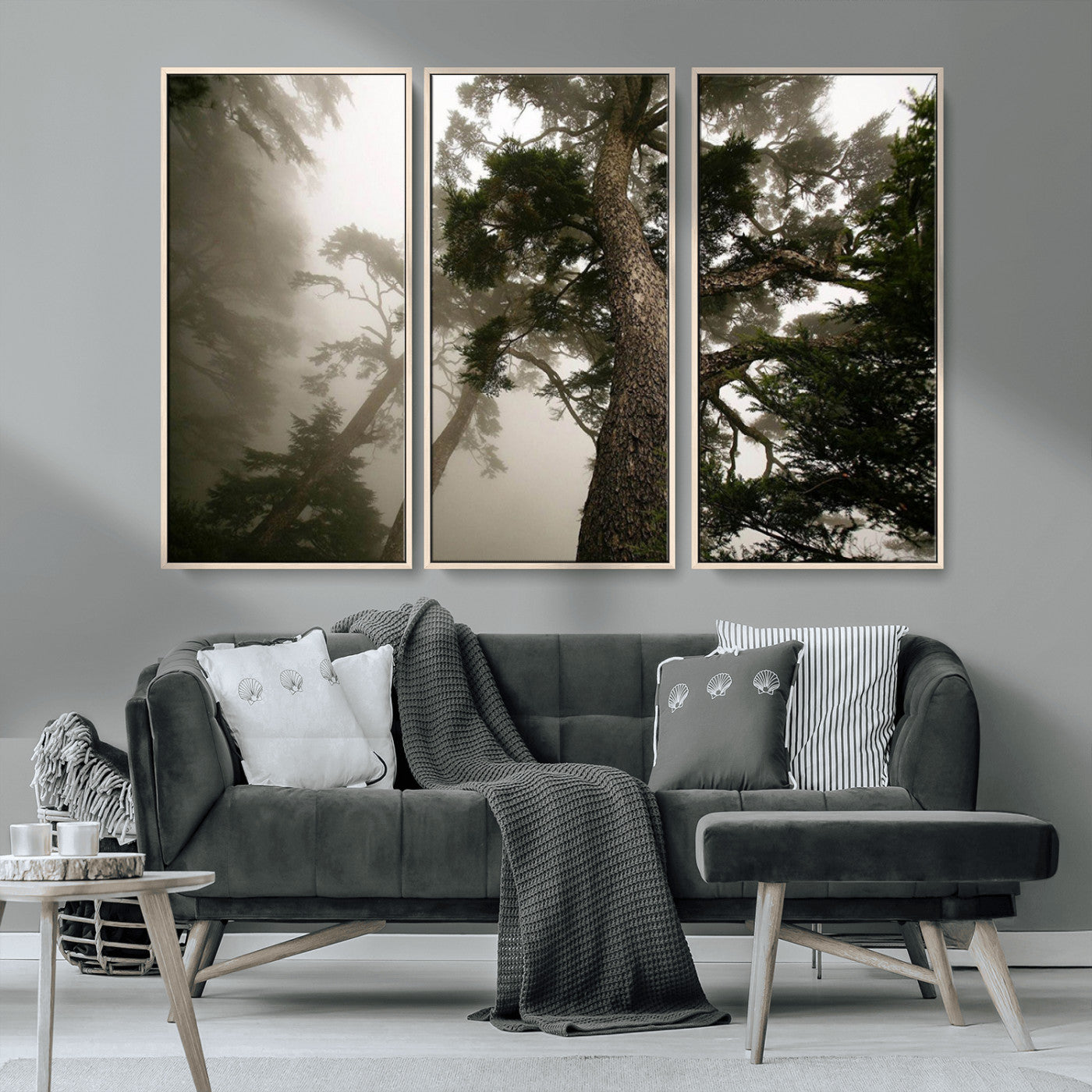 87969493-MGV-FC-48X32-3P_Natural-Forest Wall Art – Misty Tall Trees Canvas Print, Dramatic Woodland Photography Decor for Bedroom, Living Room, Office, Cabin,