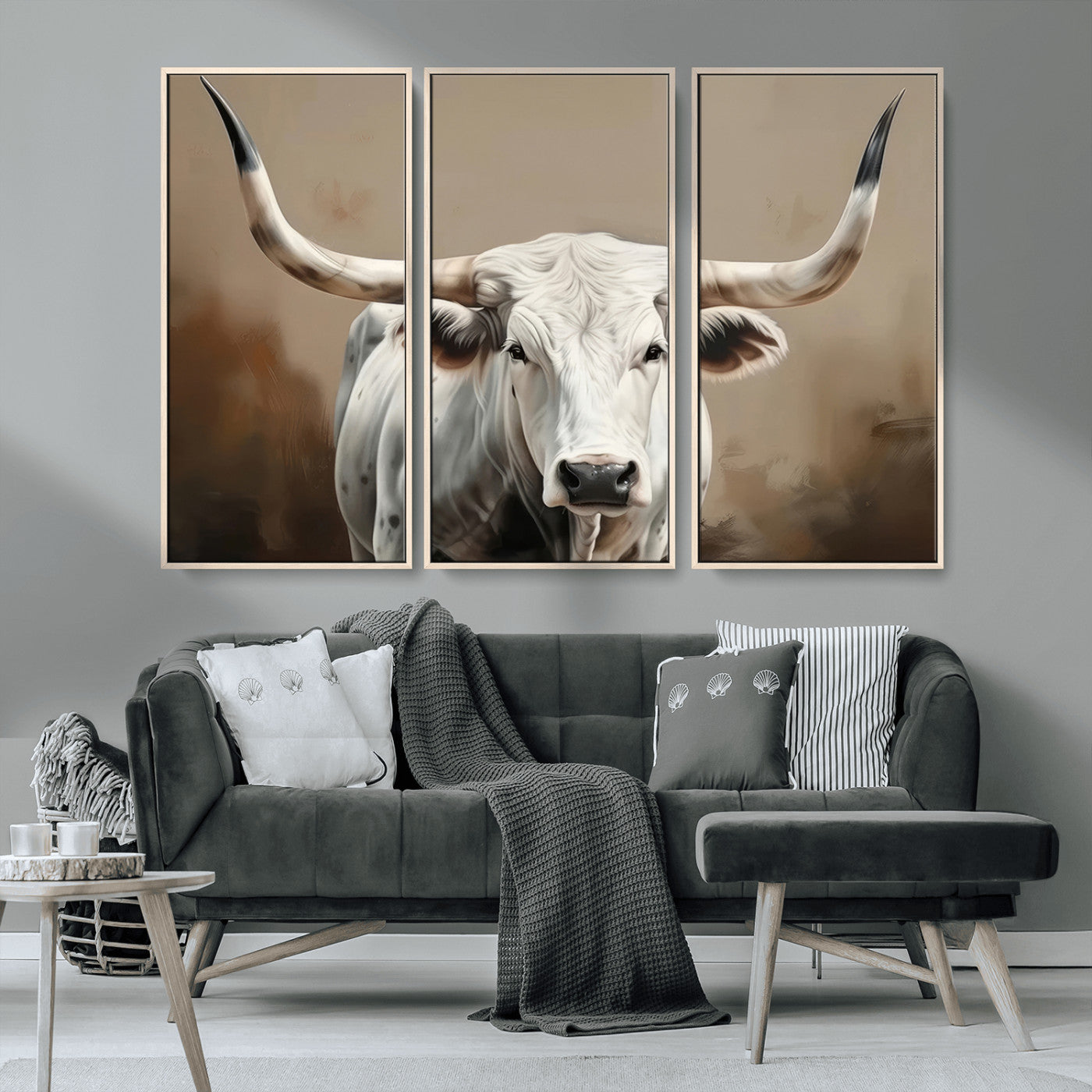 63550-MGV-CV-36X24-Texas Longhorn Wall Art Canvas Print, Framed White Bull Art Picture Print, Horned Cattle Perfect Rustic Western Decor Artwork
