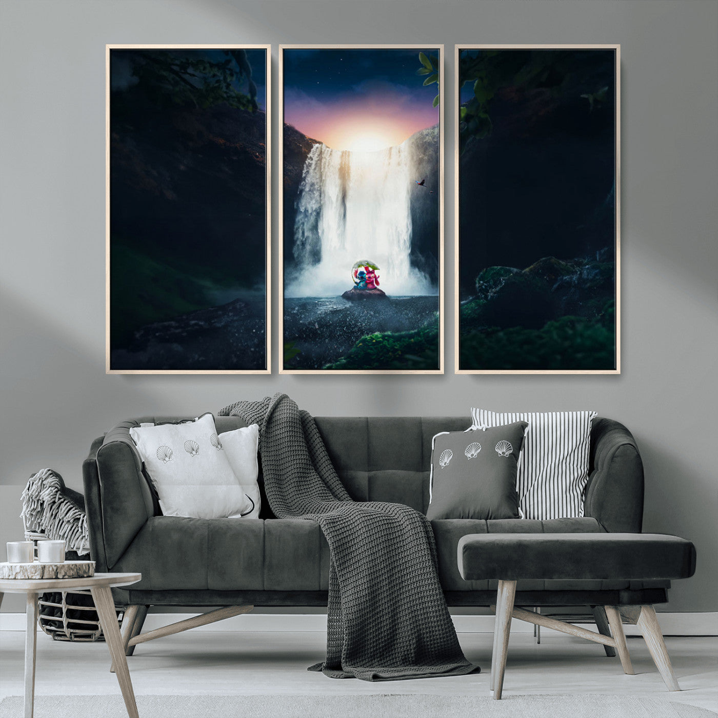 56359-MGV-FC-48X32-3P_Natural-Lilo Stitch Wall Art Canvas Print, Framed Stitch Angel Art Picture Print, Cartoon Waterfall Perfect Tropical Fantasy Decor Artwork