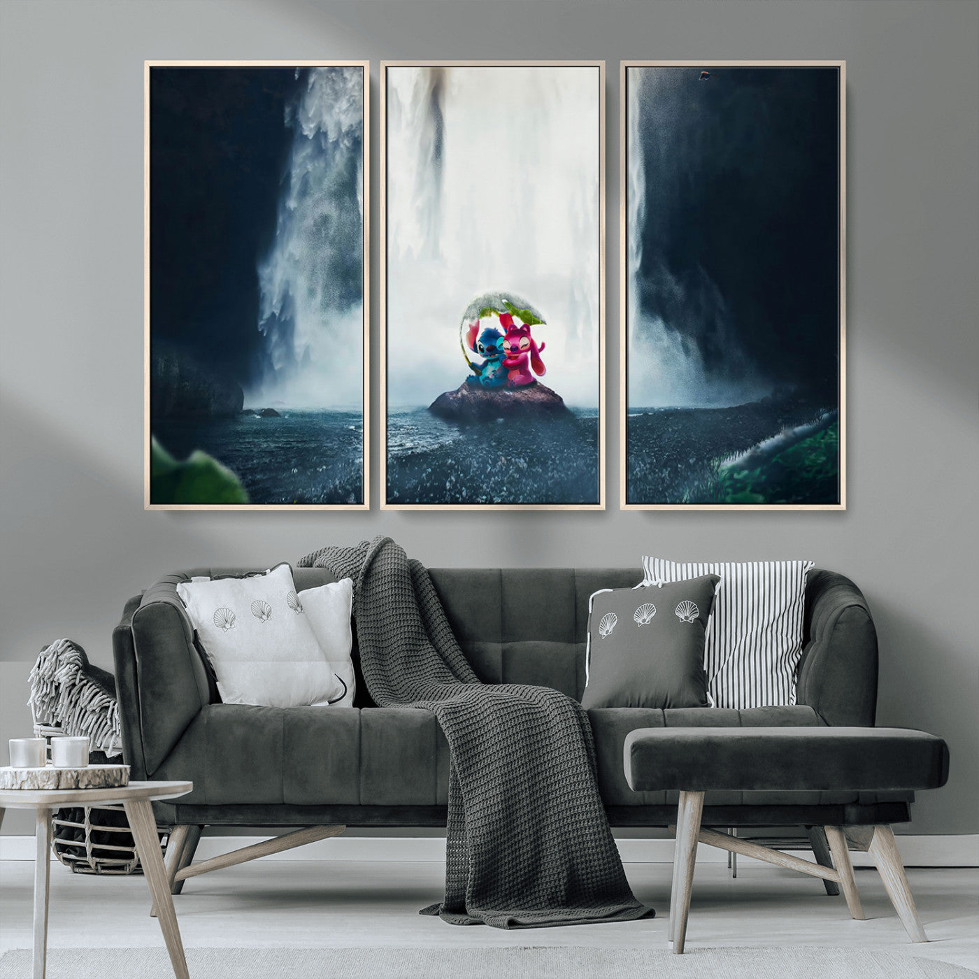 32259-MGV-CV-36X24-Stitch Angel Wall Art Canvas Print, Framed Stitch Waterfall Art Picture Print, Cartoon Couple Perfect Moody Fantasy Decor Artwork