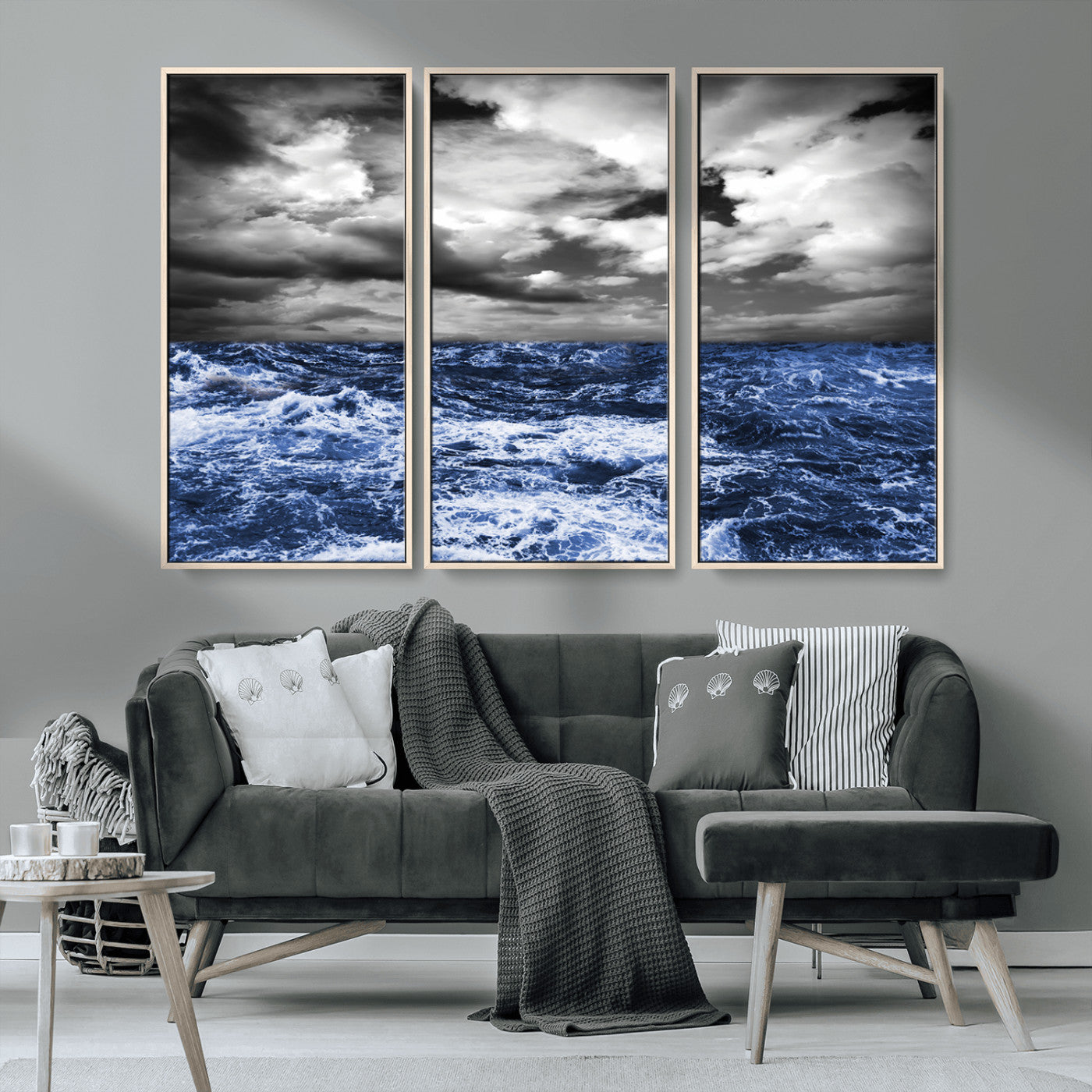91043-MGV-CV-36X24-Stormy Ocean Wall Art Canvas Print, Framed Moody Seascape Art Picture Print, Monochrome Sea Perfect Coastal Drama Decor Artwork