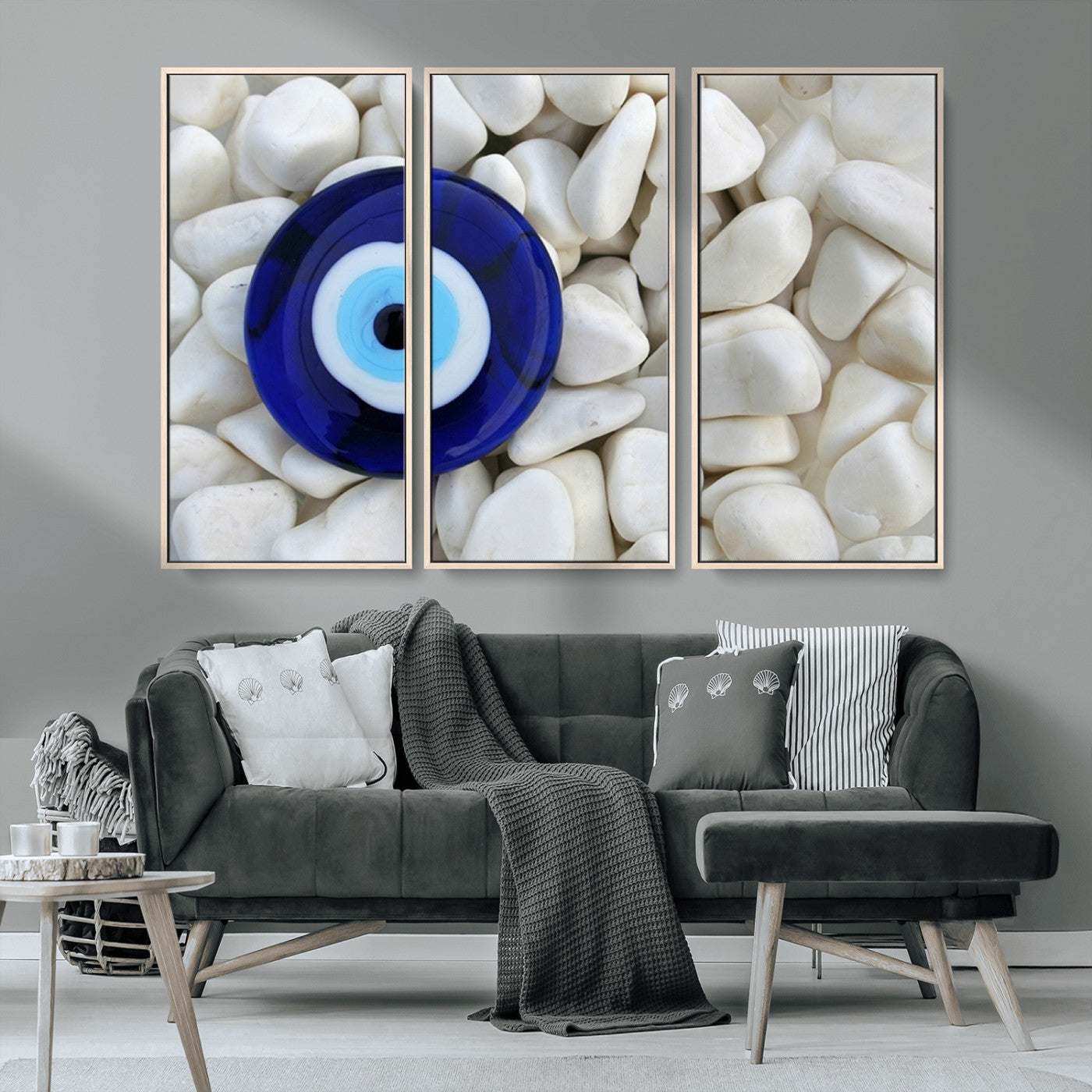 48883-MGV-FC-48X32-3P_Natural-Evil Eye Wall Art – Deep Blue Symbol of Presence and Calm on White Stones, Subtle Spiritual Decor for Entryway, Studio, Office or