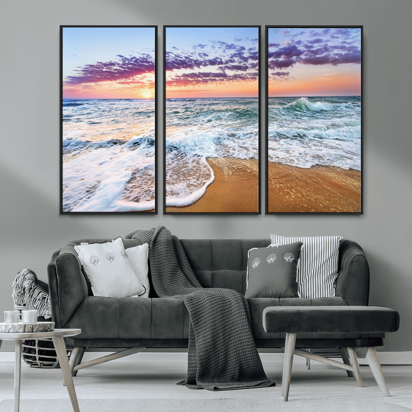 53006-MGV-FC-48X32-3P_Black-Ocean Beach Sunset Wall Art – Vibrant Seascape Canvas Print, Coastal Home Decor for Living Room, Bedroom, Office or Beach House