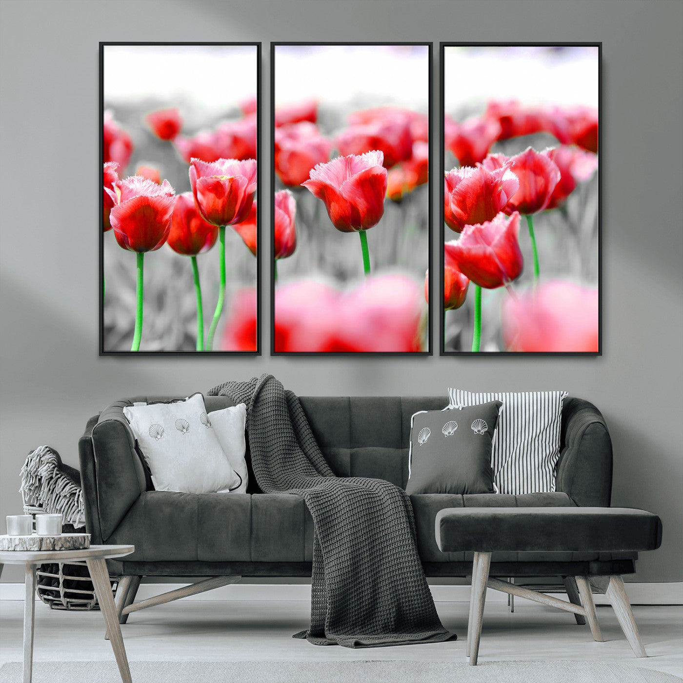 44554-MGV-CV-36X24-Vibrant red tulips stand out beautifully against a black-and-white background, making a striking decor piece perfect for any home