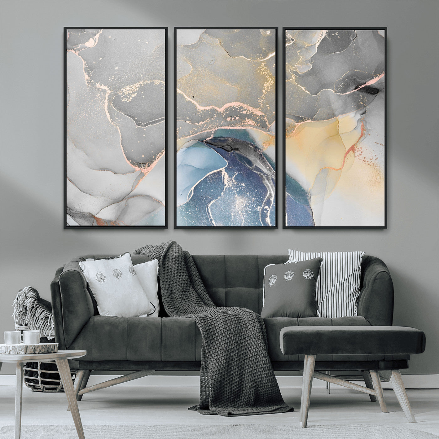 63211-MGV-CV-36X24-Abstract Fluid Art Wall Decor – Blue, Gray & Gold Canvas Print, Modern Home and Office Wall Art Decor for Living Room, Bedroom or