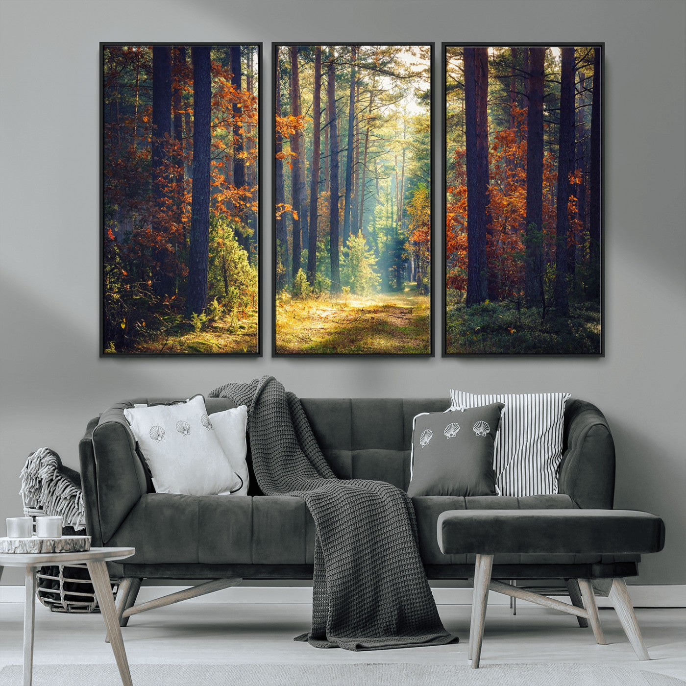 86249-MGV-FC-48X32-3P_Black-Sunlit Autumn Forest Path Wall Art – Peaceful Nature Scene with Fall Foliage, Calming Woods Decor for Home or Office