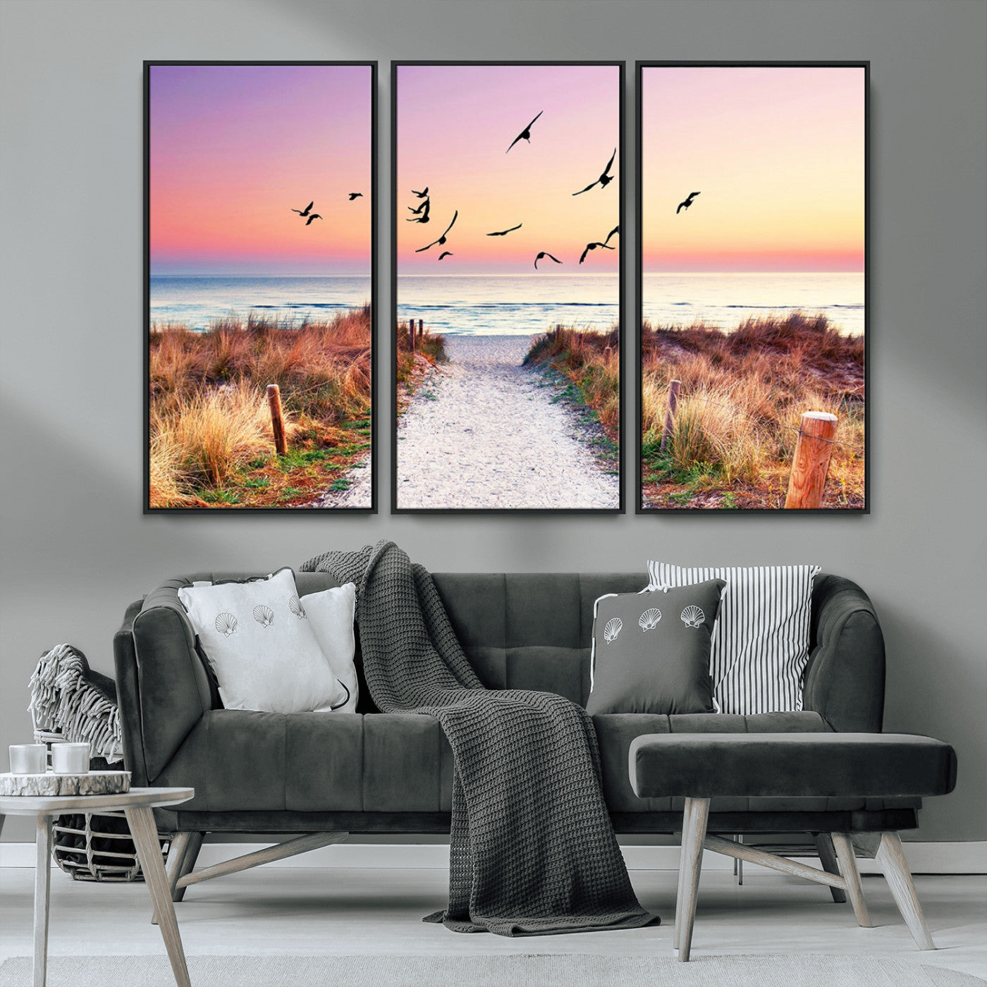 54411-MGV-CV-36X24-Beach Path with Birds Wall Art – Coastal Sunset Ocean Canvas Print, Seaside Nature Landscape Photography for Living Room, Bedroom